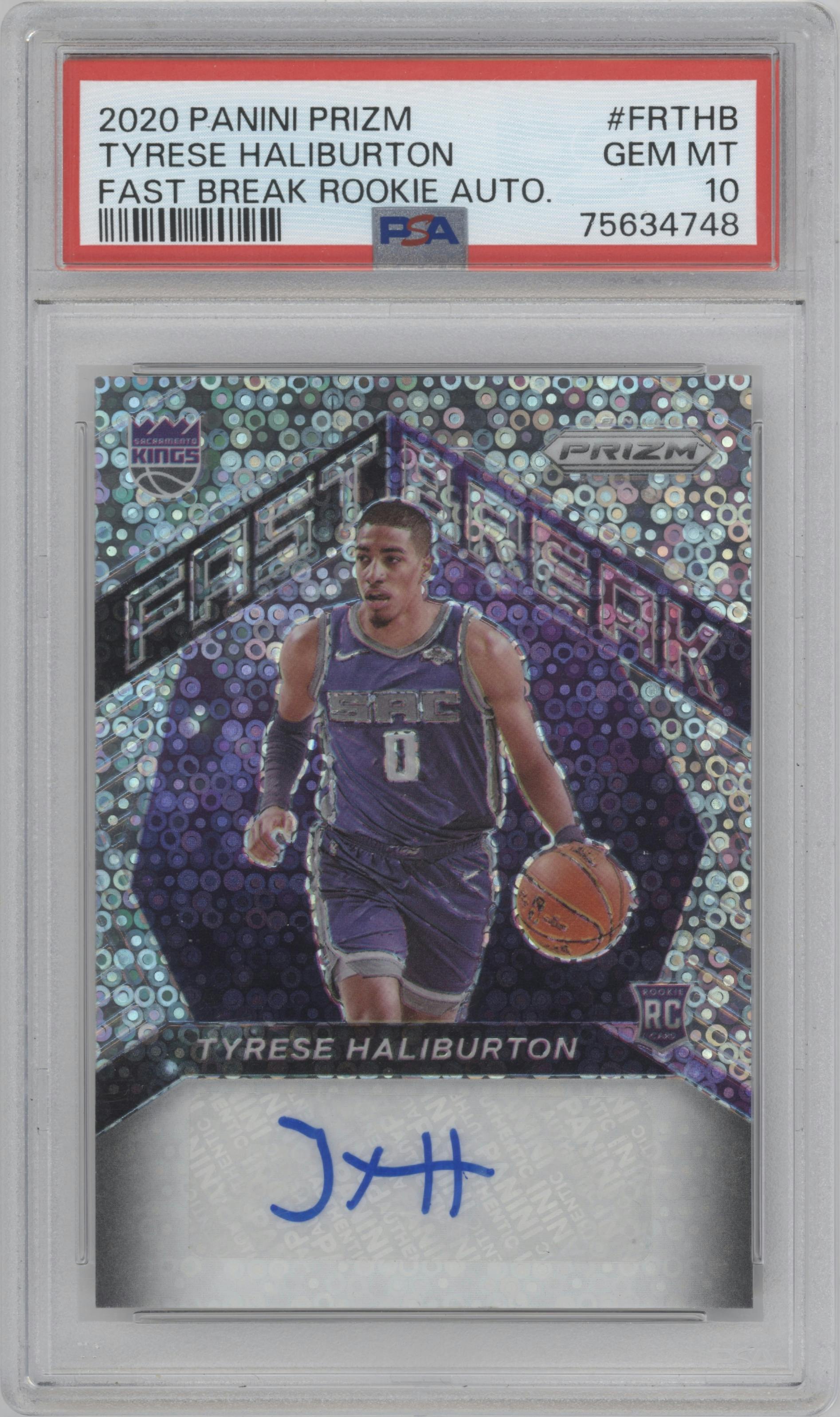Tyrese Haliburton from the 2020-21 Panini Prizm set graded by PSA and given an overall grade of 10.