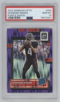 Desmond Ridder from the 2022 Panini Donruss Optic set featuring a Purple Shock parallel graded by PSA and given an overall grade of 10.
