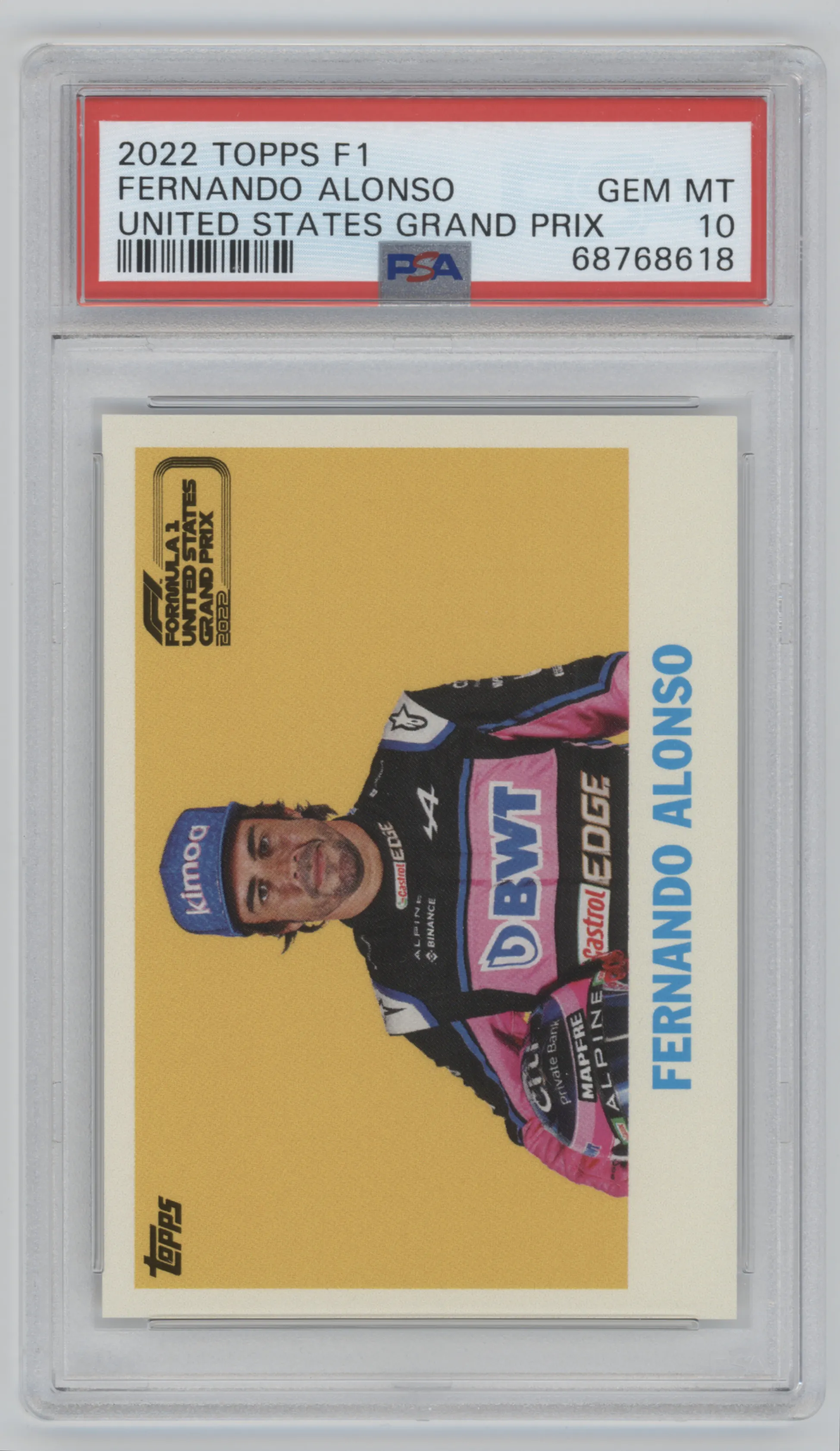 Fernando Alonso from the 2022 Topps United States Grand Prix set graded by PSA and given an overall grade of 10.