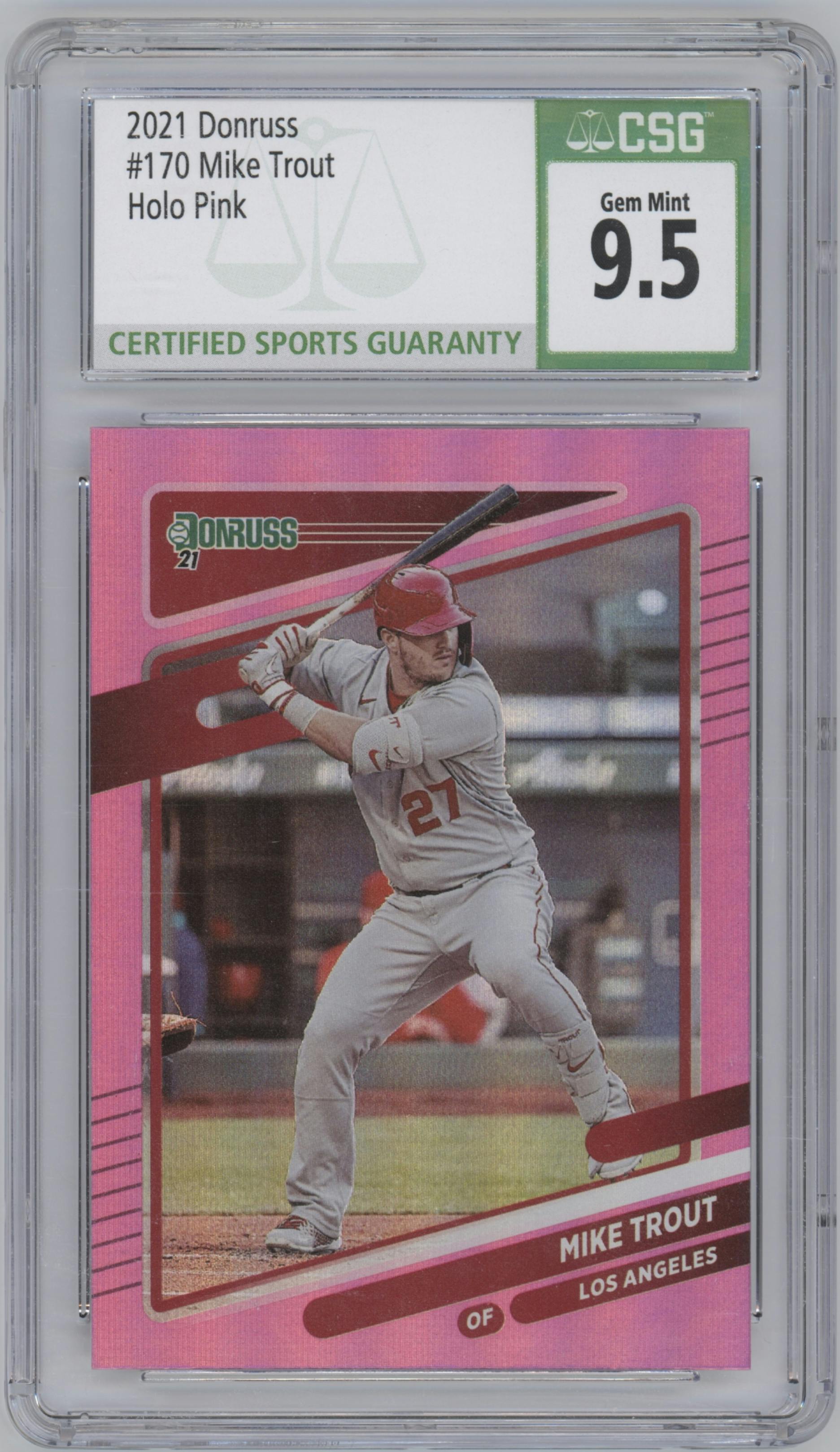 Mike Trout from the 2021 Panini Donruss set featuring a Pink Holo parallel graded by CSG and given an overall grade of 9.5.