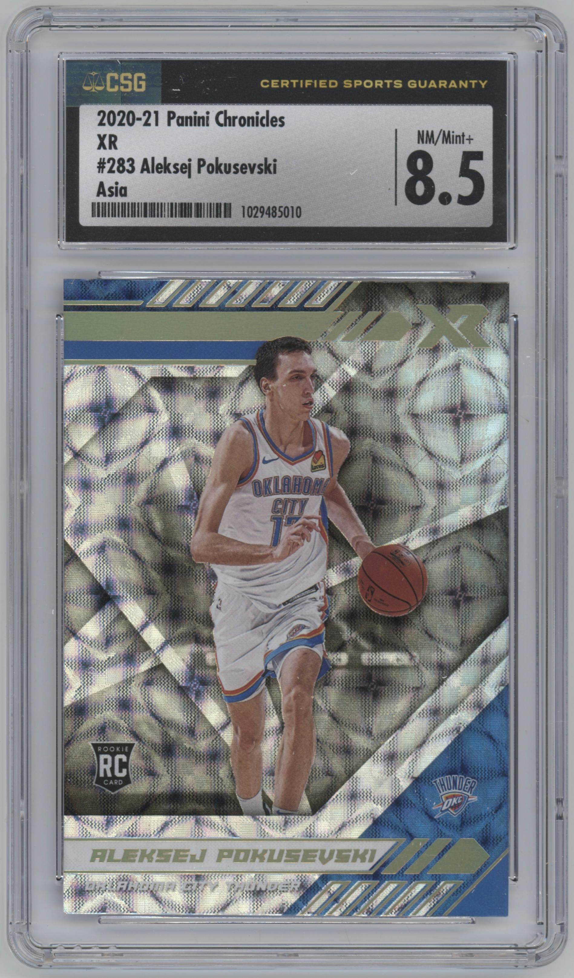 Aleksej Pokusevski from the 2020-21 Panini Chronicles set featuring a Asia parallel graded by CSG and given an overall grade of 8.5.
