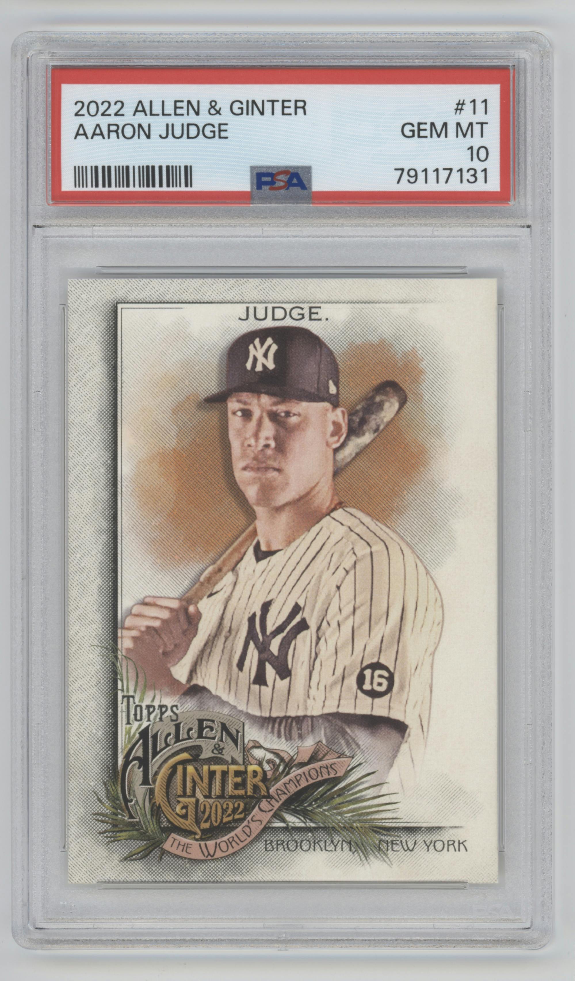 Aaron Judge from the 2022 Topps Allen & Ginter set graded by PSA and given an overall grade of 10.