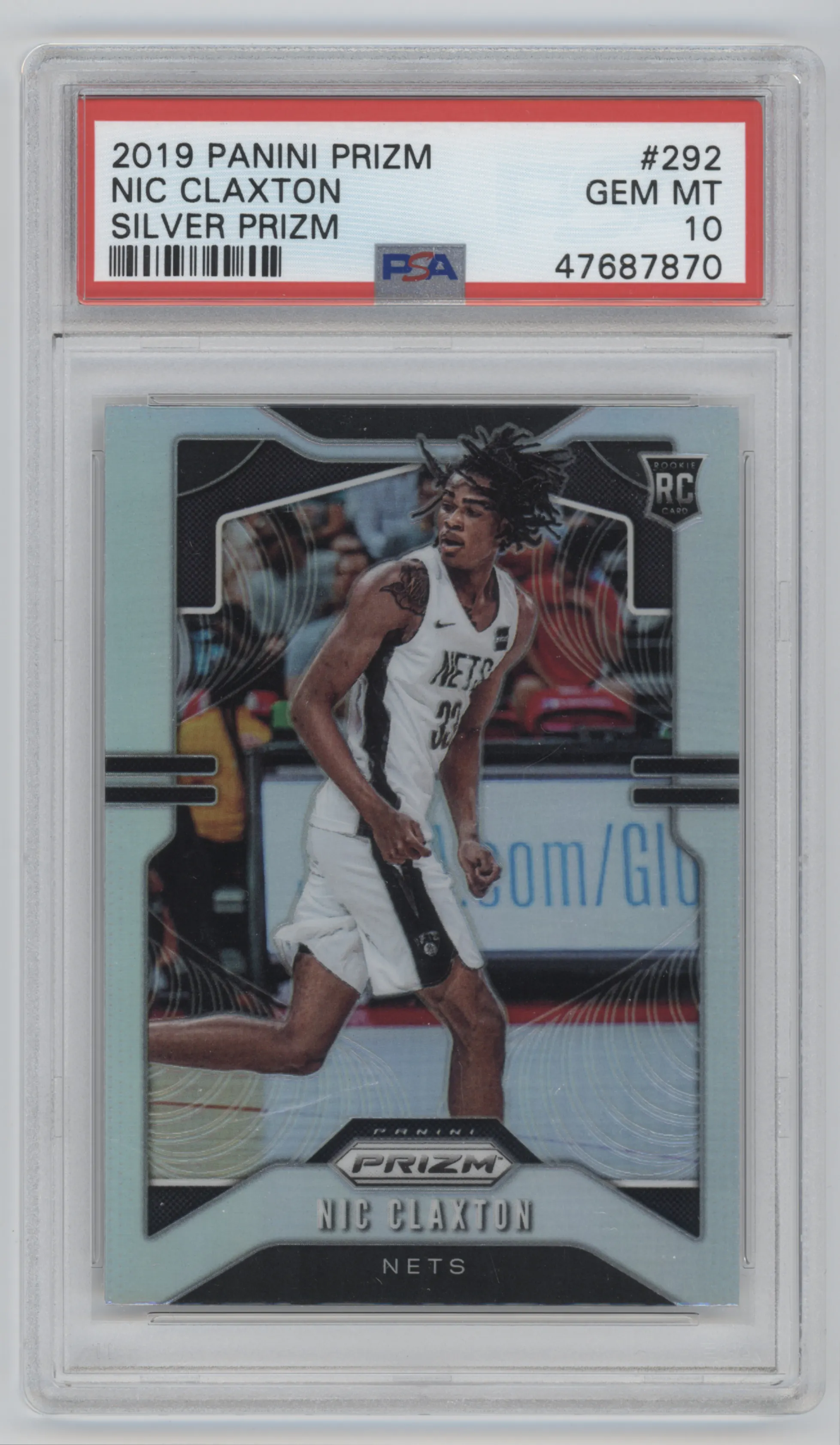 Nicolas Claxton from the 2019-20 Panini Prizm set featuring a Silver Prizm parallel graded by PSA and given an overall grade of 10.