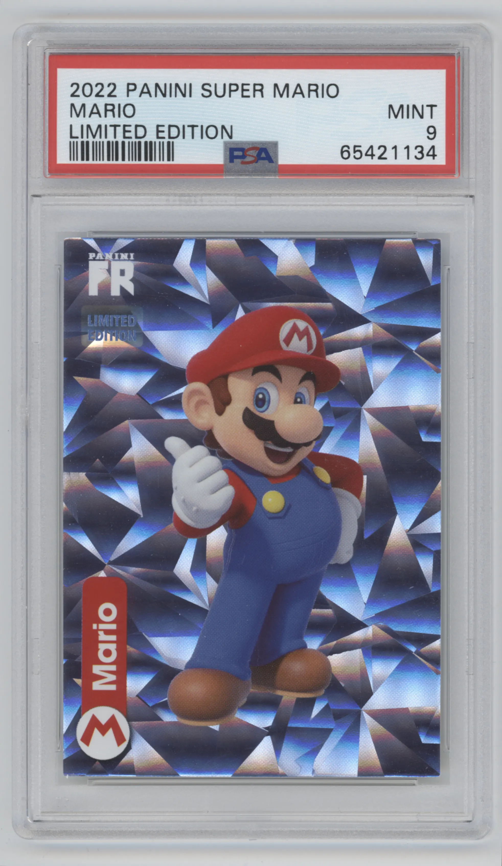 Super Mario from the 2022 Panini Super Mario set graded by PSA and given an overall grade of 9.