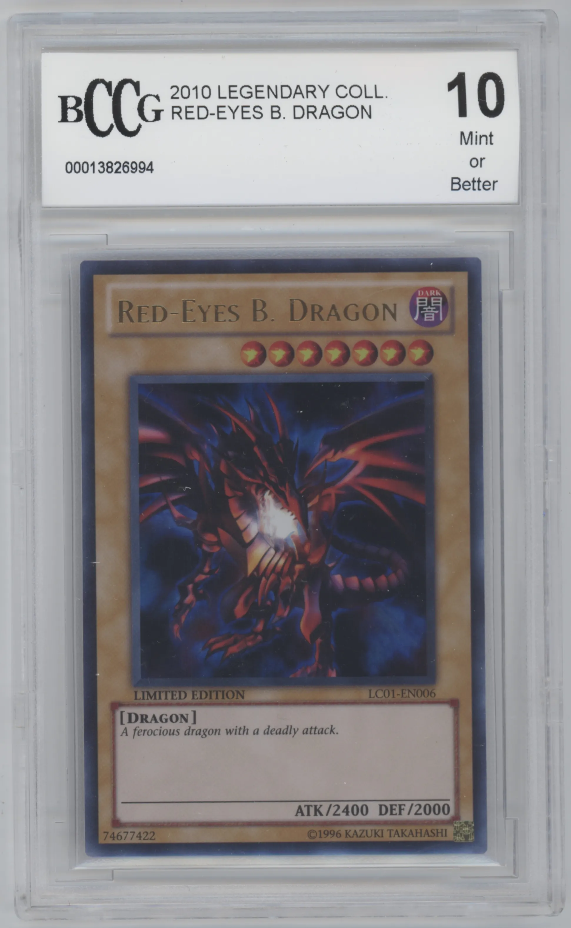 Red-Eyes B. Dragon from the 2013 Yu-Gi-Oh! set featuring a Limited Edition parallel graded by Beckett and given an overall grade of 10.