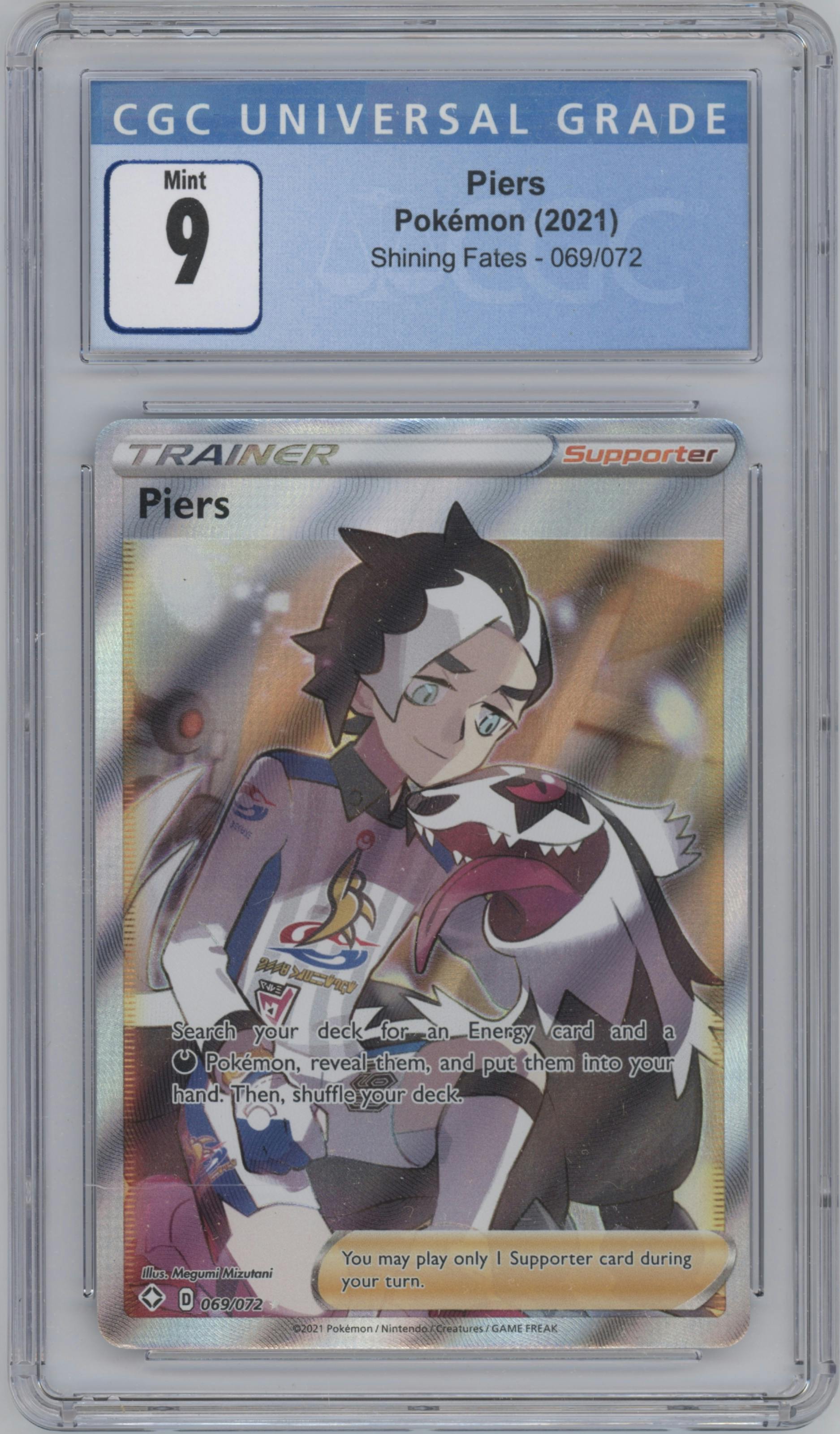 Piers from the 2021 Pokemon SWSH set graded by CSG and given an overall grade of 9.
