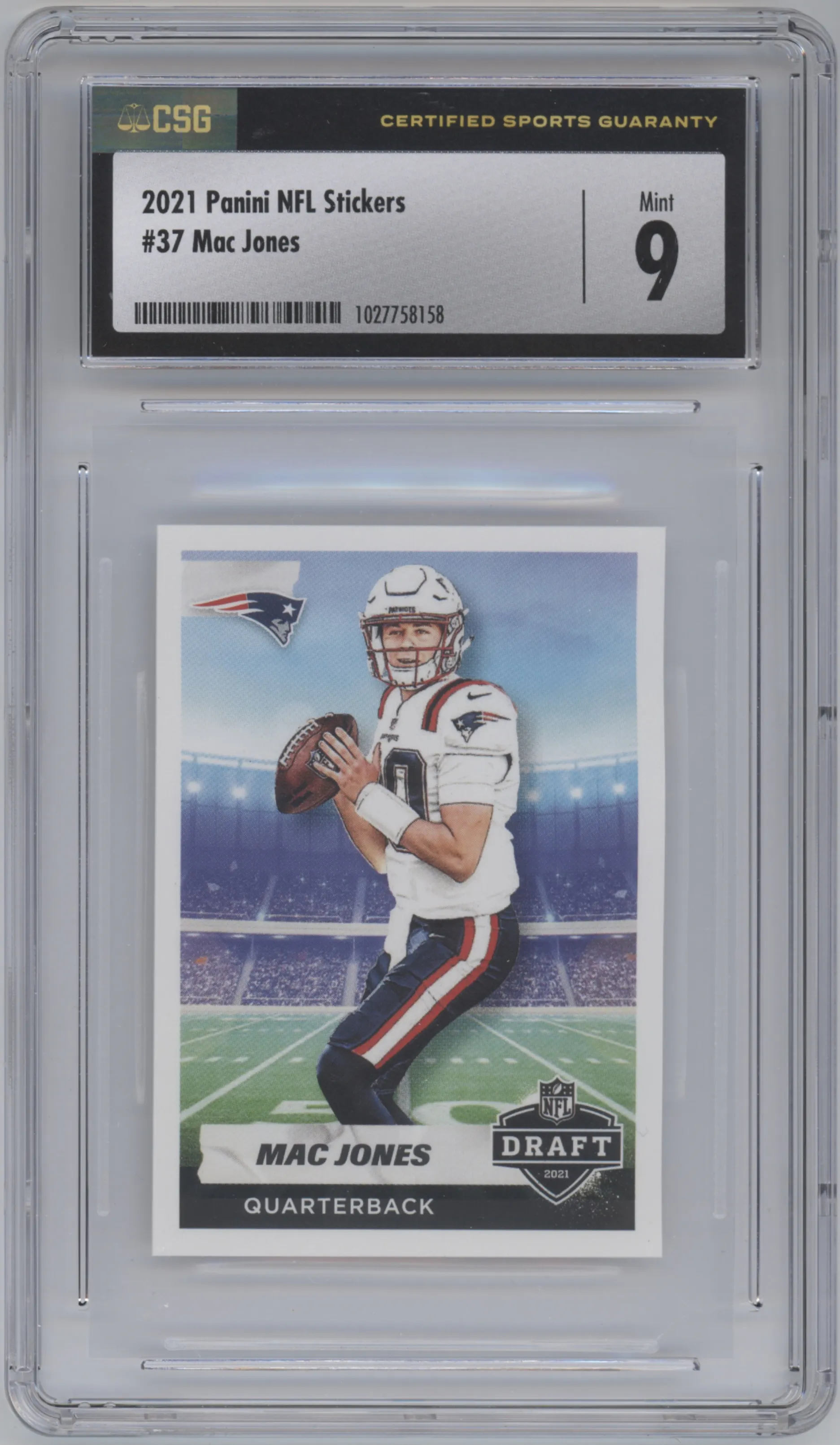 Mac Jones from the 2021 Panini set graded by CSG and given an overall grade of 9.