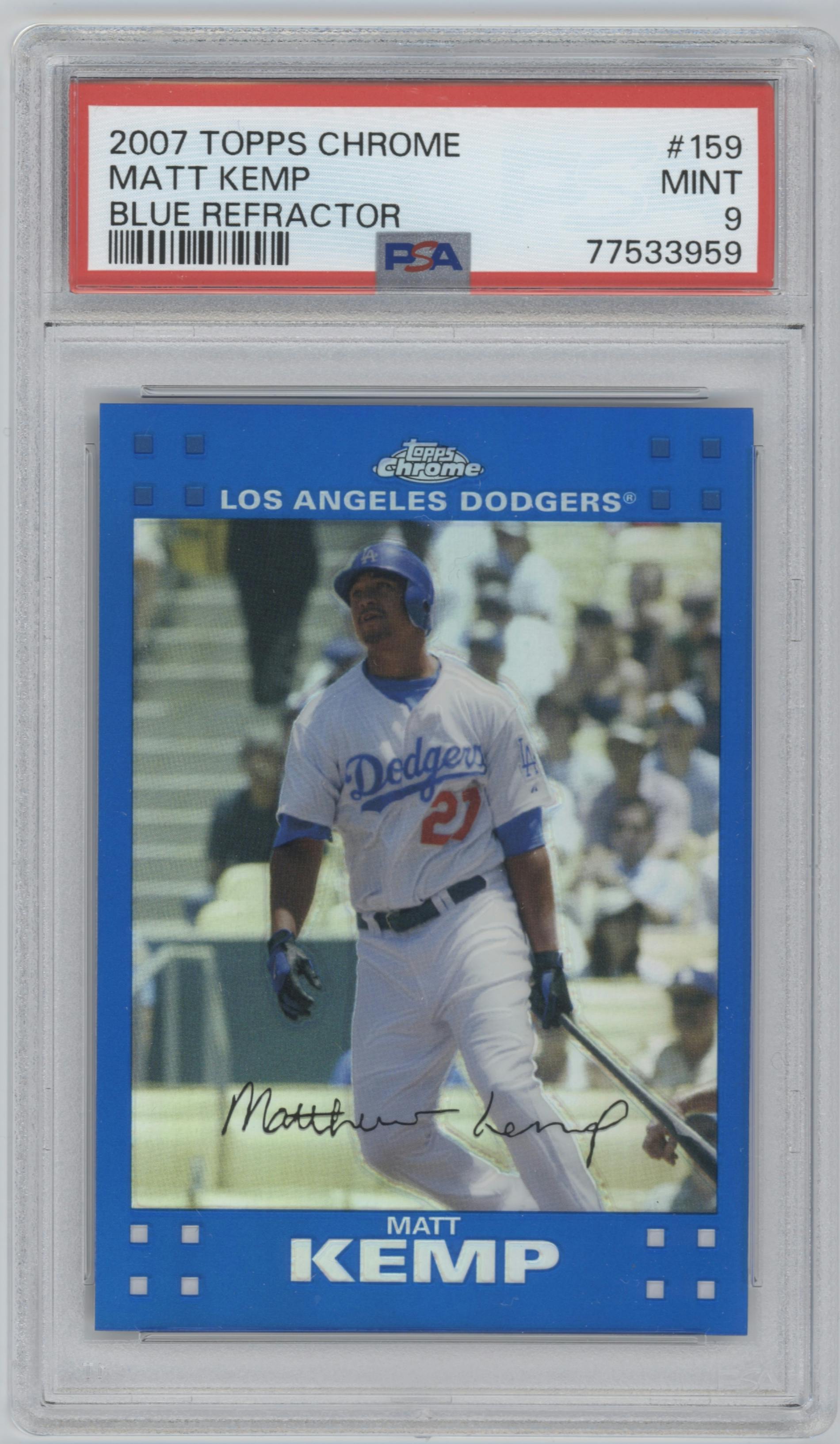 Matt Kemp from the 2007 Topps Chrome set featuring a Blue Refractor parallel graded by PSA and given an overall grade of 9.
