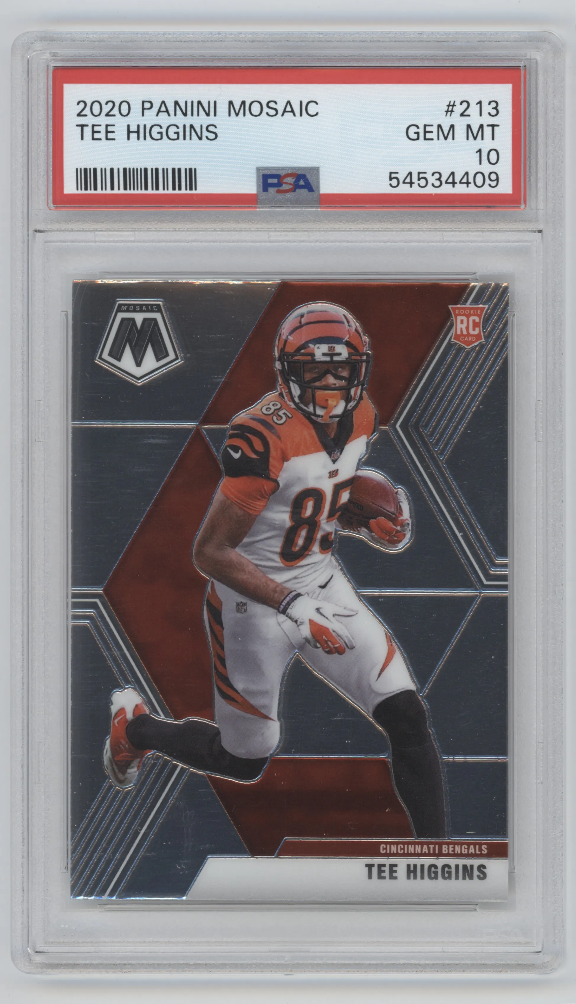 Tee Higgins from the 2020 Panini Mosaic set graded by PSA and given an overall grade of 10.