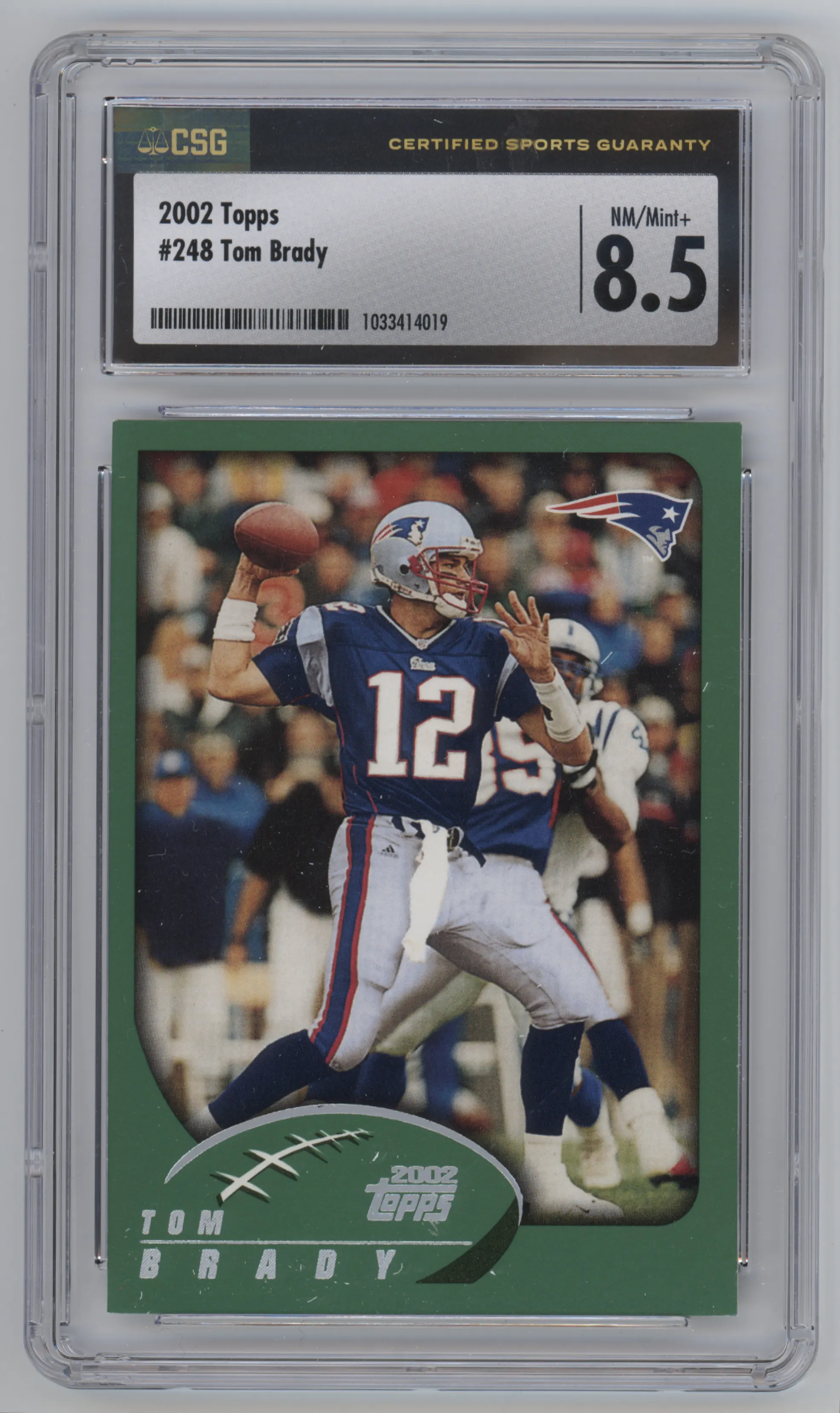 Tom Brady from the 2002 Topps set graded by CSG and given an overall grade of 8.5.
