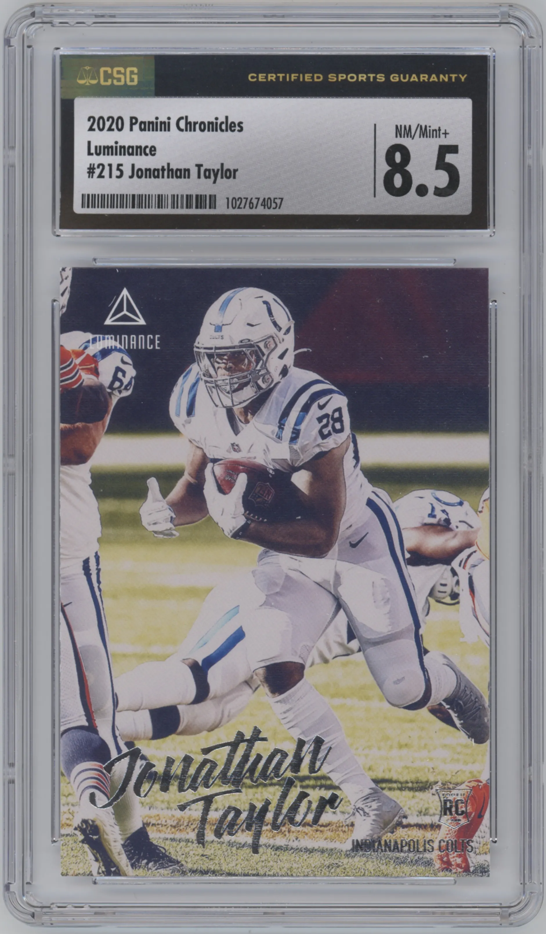 Jonathan Taylor from the 2020 Panini Chronicles set graded by CSG and given an overall grade of 8.5.