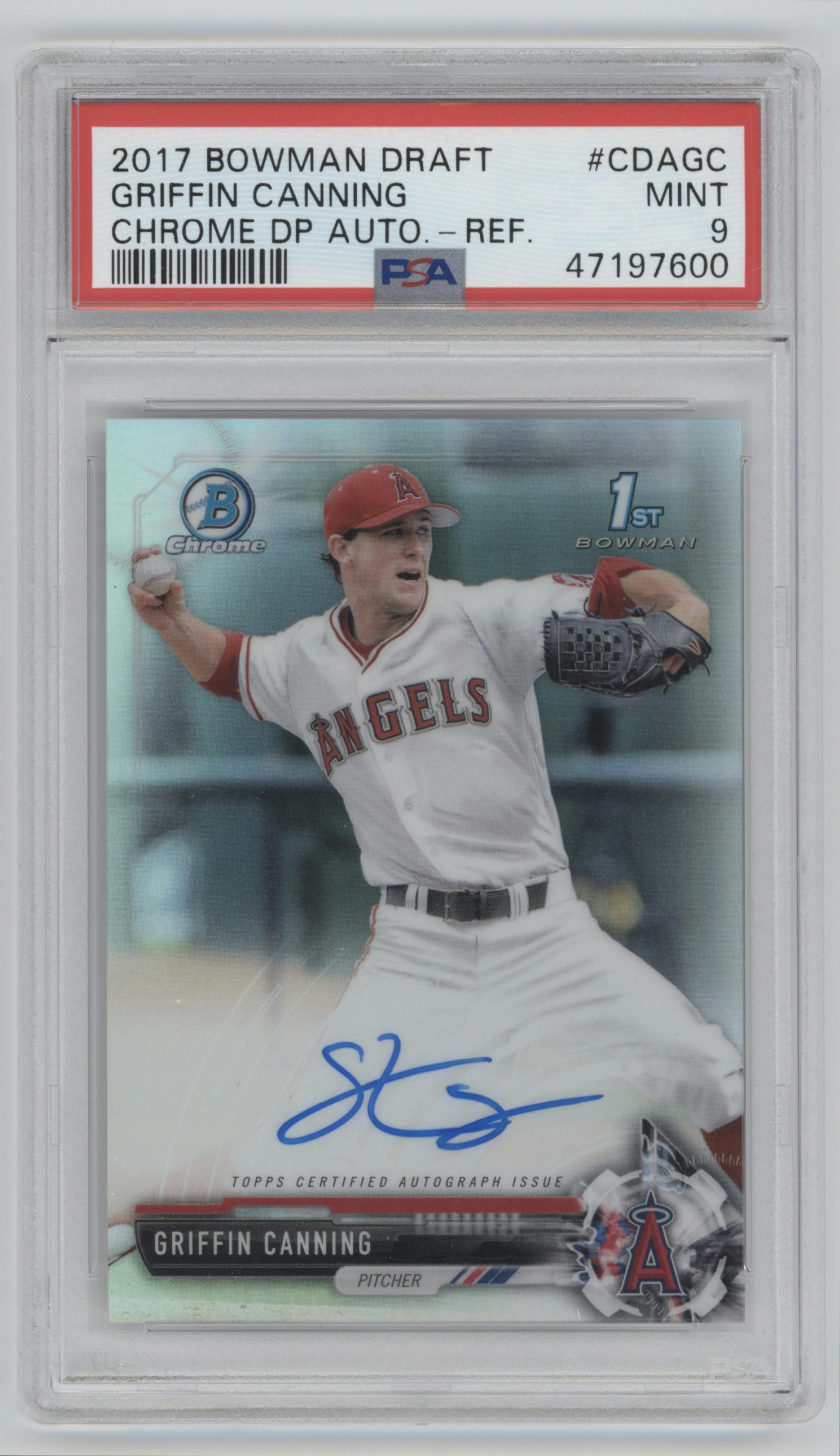 Griffin Canning from the 2017 Bowman Draft set featuring a Refractor parallel graded by PSA and given an overall grade of 9.