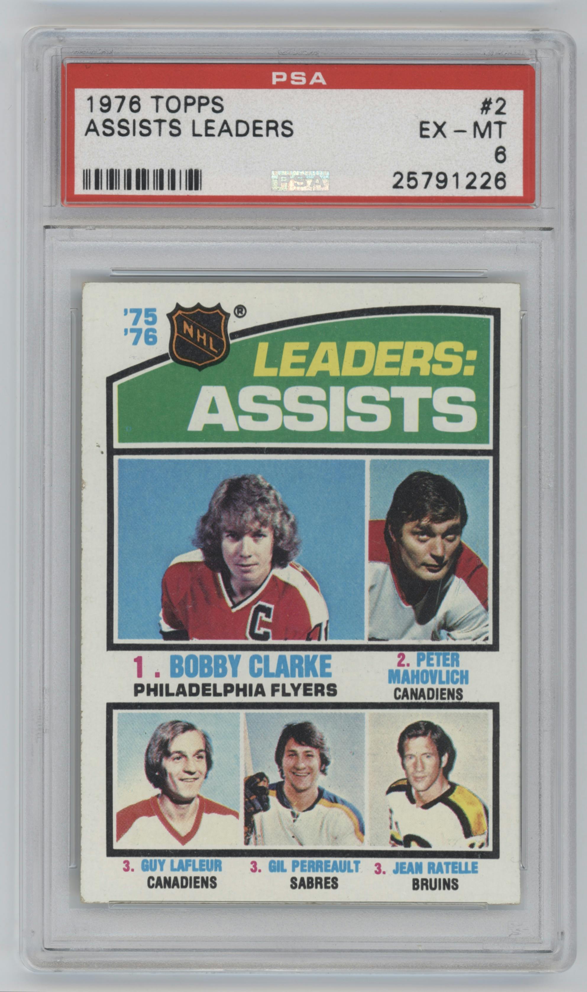 Bobby Clarke/Peter Mahovlich/Guy Lafleur/Gil Perreault/Jean Ratelle from the 1976-77 Topps set graded by PSA and given an overall grade of 6.