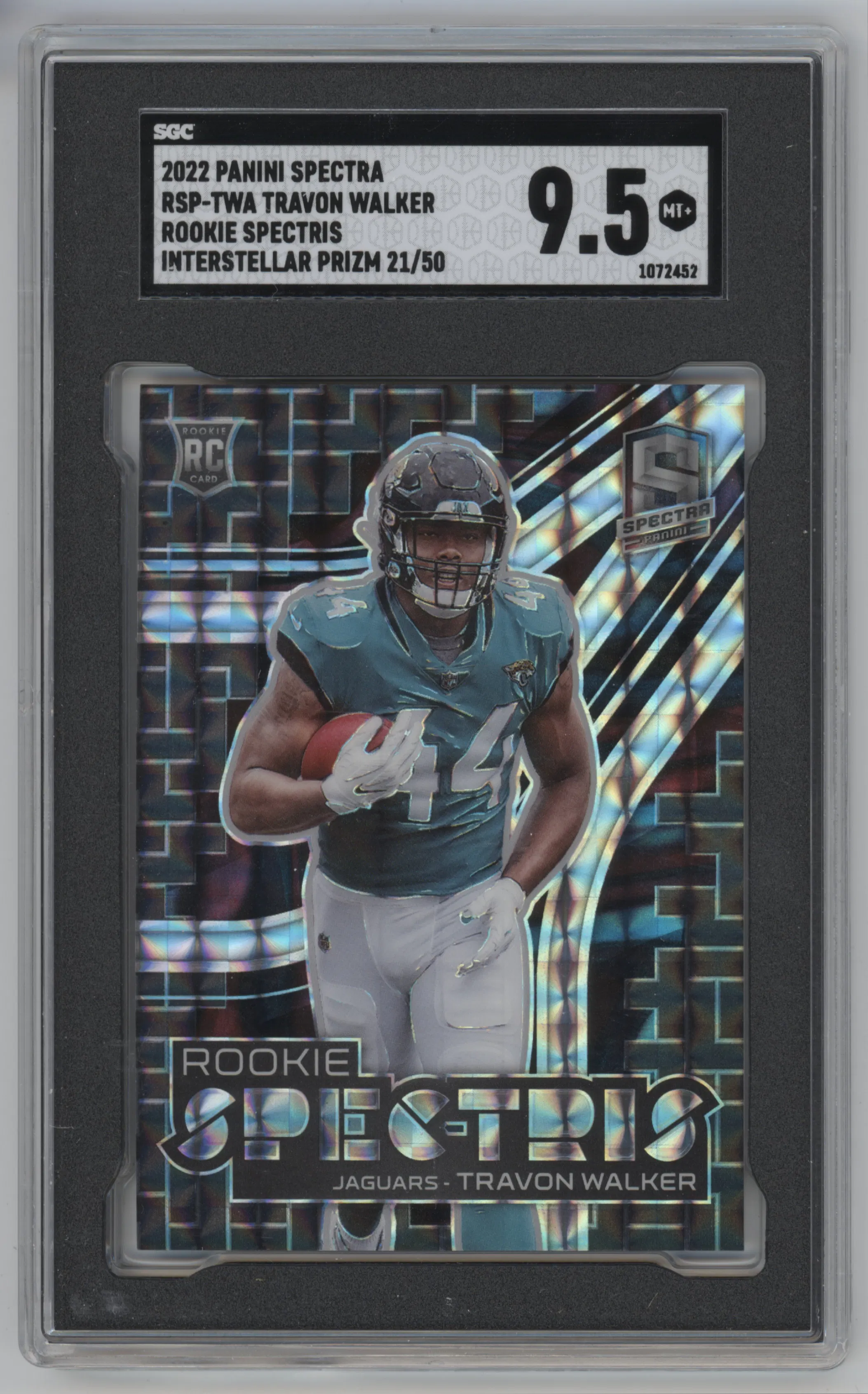 Travon Walker from the 2022 Panini Spectra set featuring a Interstellar  parallel graded by SGC and given an overall grade of 9.5.
