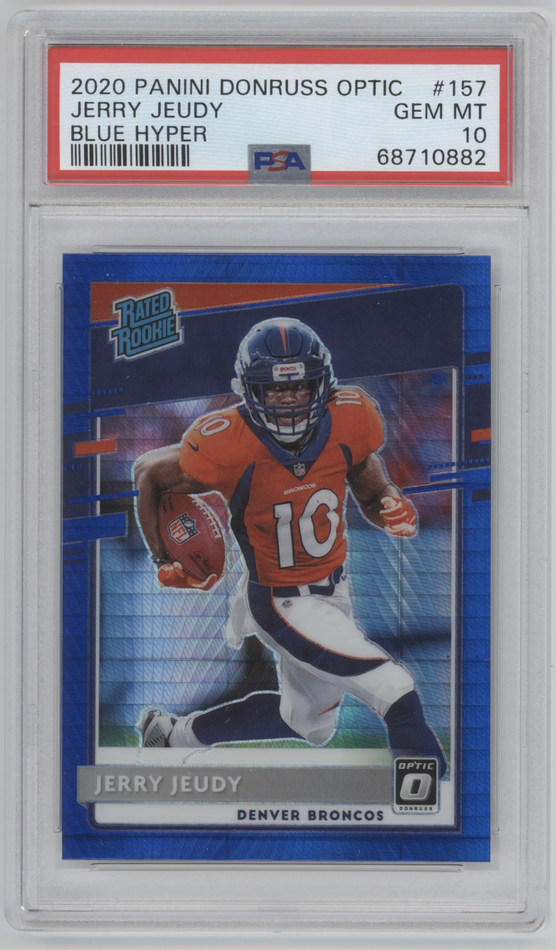 Jerry Jeudy from the 2020 Panini Donruss Optic set featuring a Hyper Blue parallel graded by PSA and given an overall grade of 10.