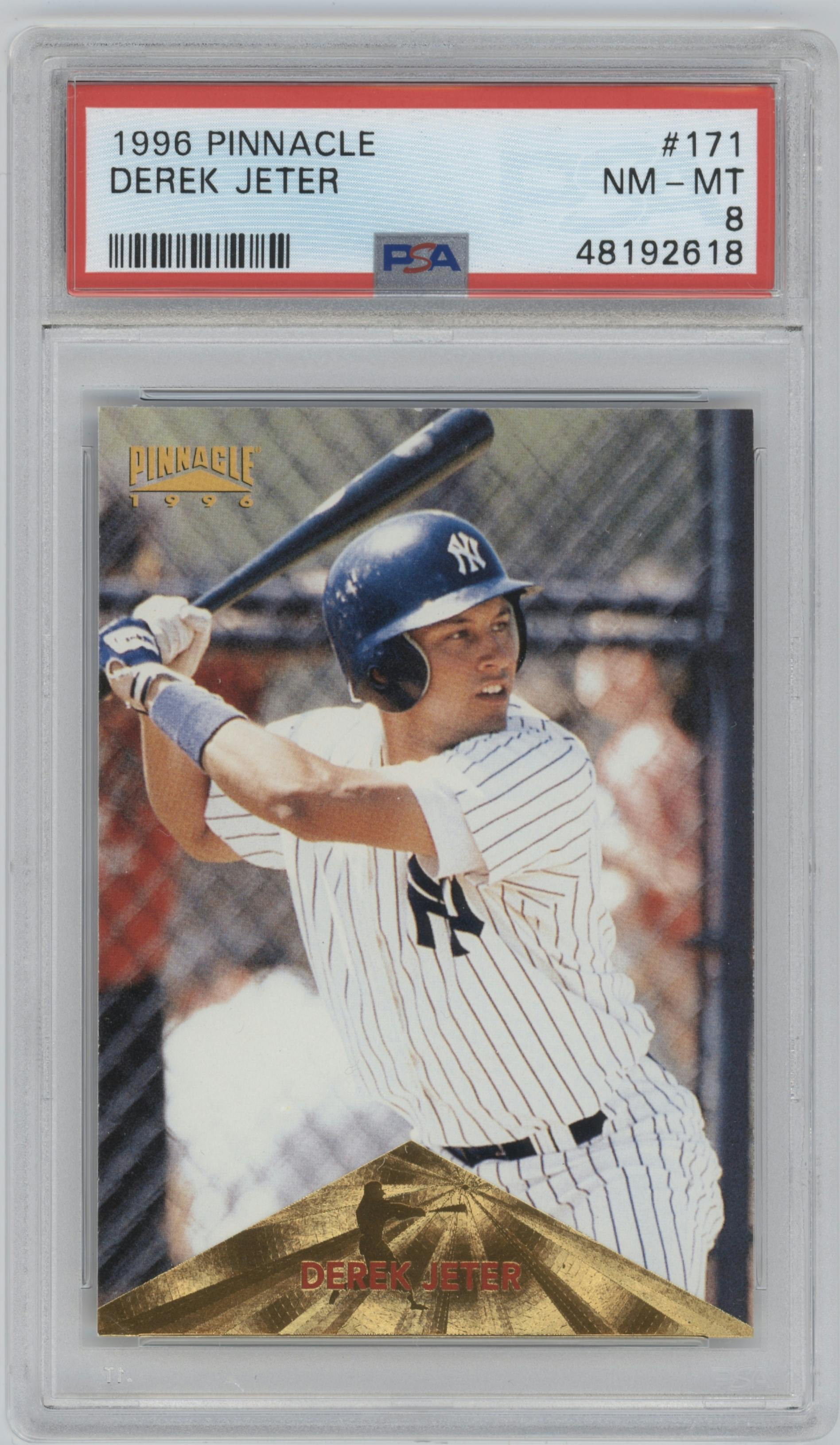 Derek Jeter from the 1996 Pinnacle set graded by PSA and given an overall grade of 8.