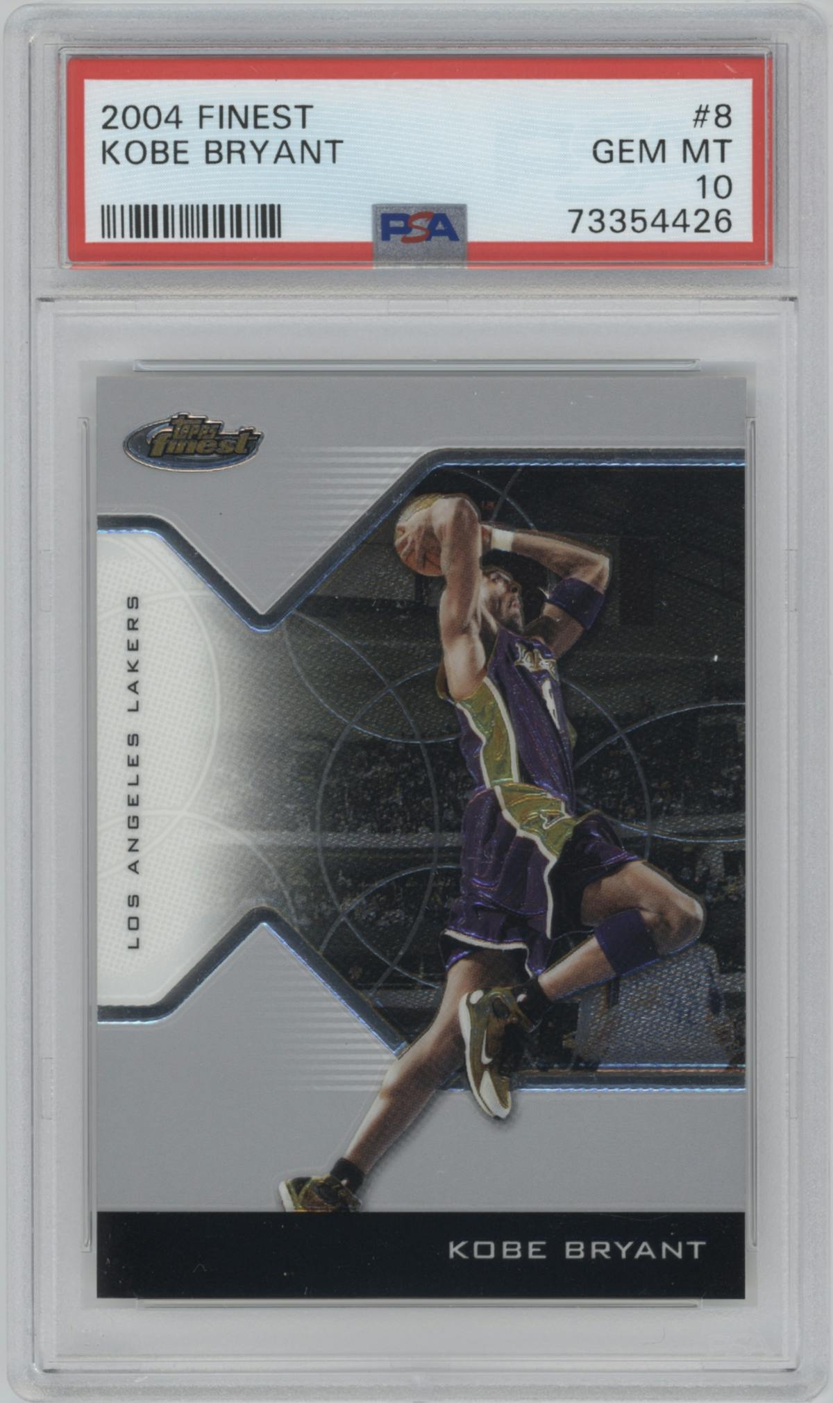 Kobe Bryant from the 2004 Topps Finest set graded by PSA and given an overall grade of 10.