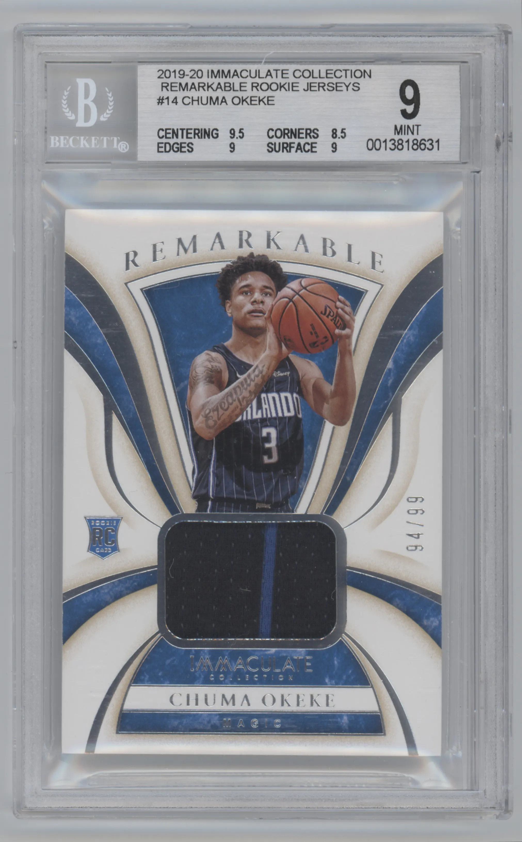 Chuma Okeke from the 2019-20 Panini Immaculate Collection set graded by Beckett and given an overall grade of 9.
