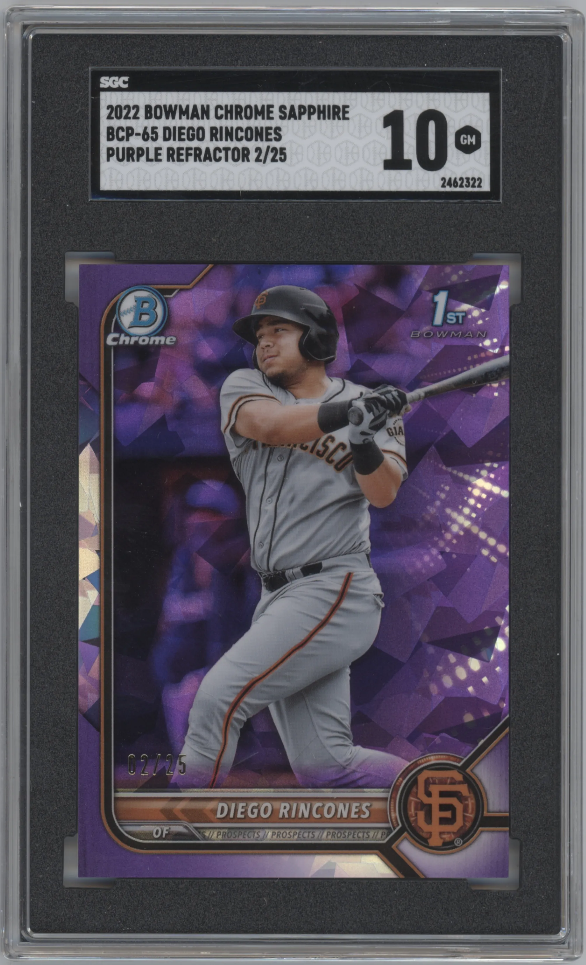 Diego Rincones from the 2022 Bowman Chrome Sapphire Edition set featuring a Purple Refractor parallel graded by SGC and given an overall grade of 10.