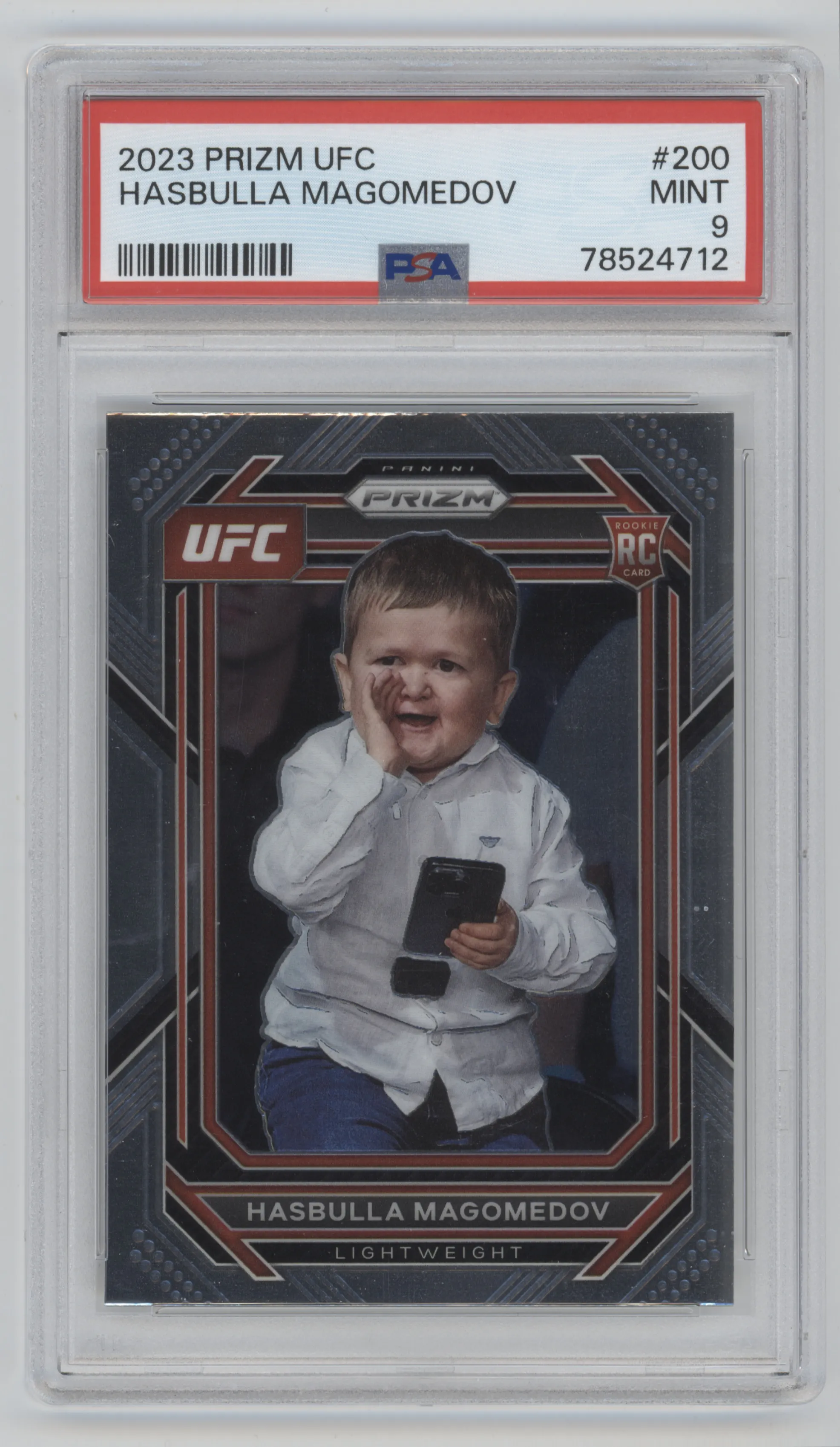 Hasbulla Magomedov  from the 2023 Panini Prizm UFC set graded by PSA and given an overall grade of 9.