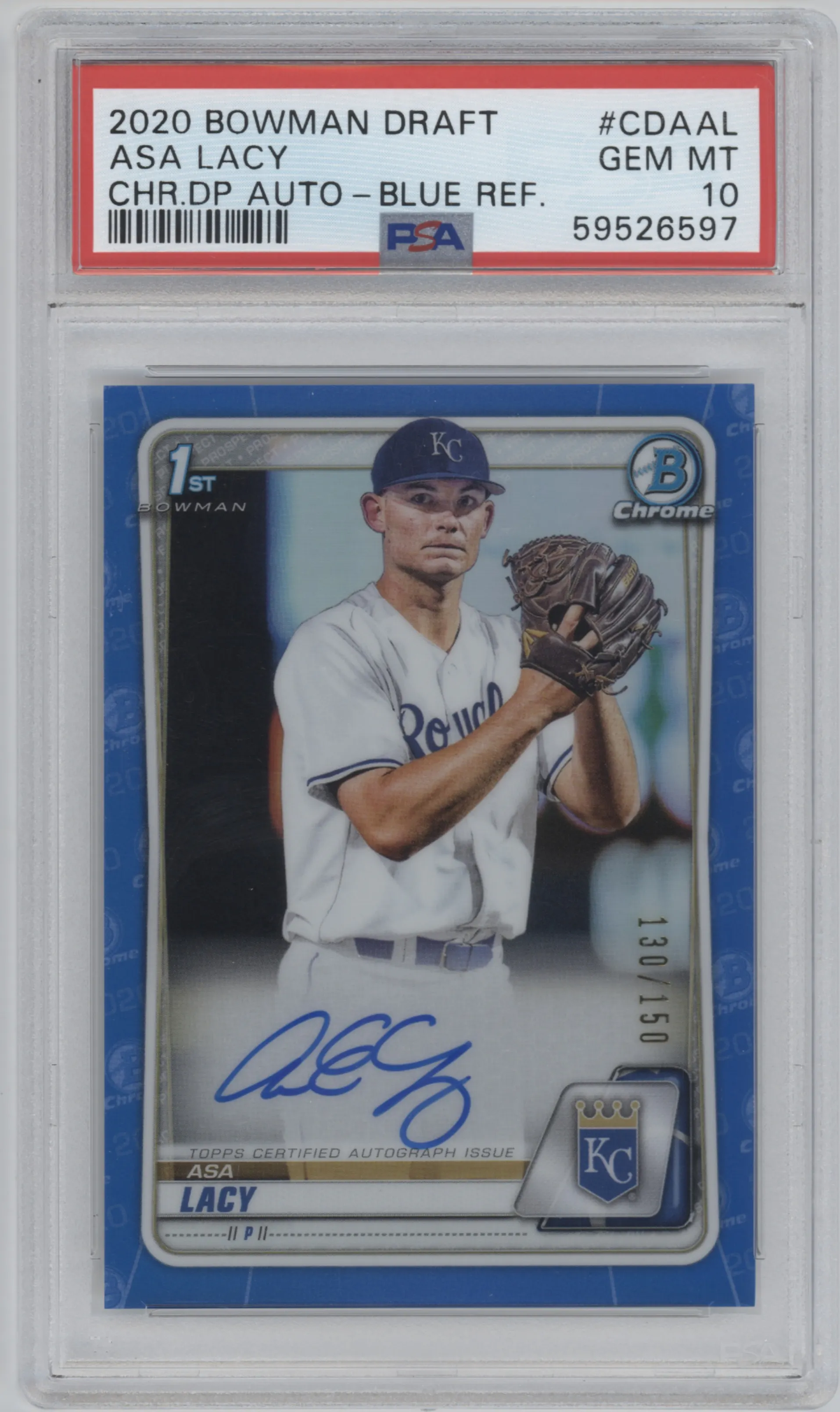 Asa Lacy from the 2020 Bowman Draft set featuring a Blue Refractor parallel graded by PSA and given an overall grade of 10.