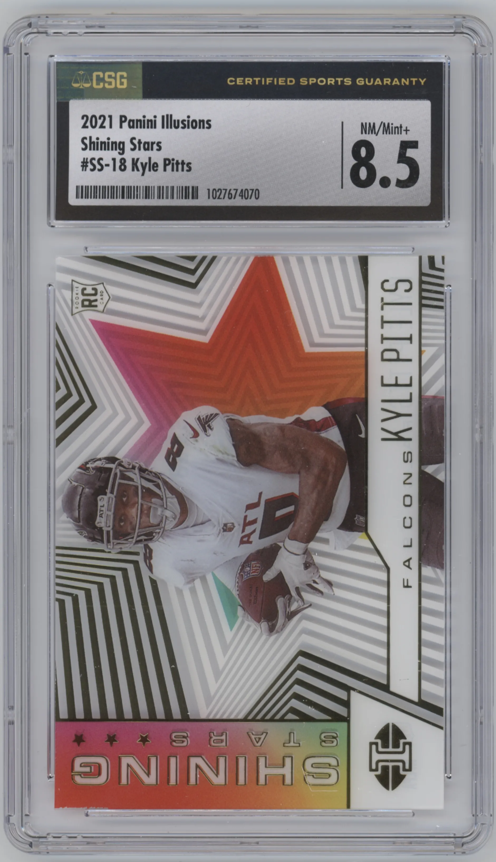 Kyle Pitts from the 2021 Panini Illusions set graded by CSG and given an overall grade of 8.5.