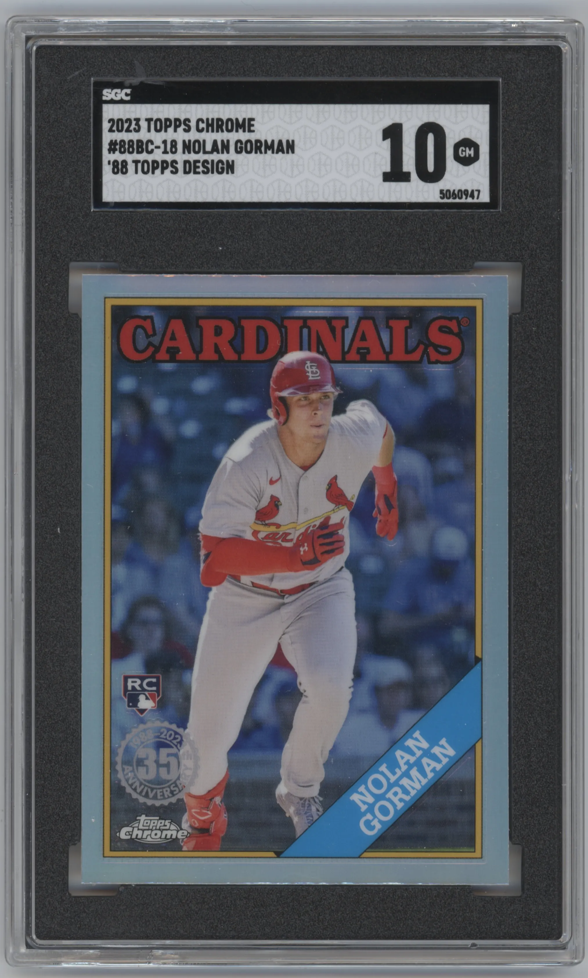 Nolan Gorman from the 2023 Topps Chrome set graded by SGC and given an overall grade of 10.