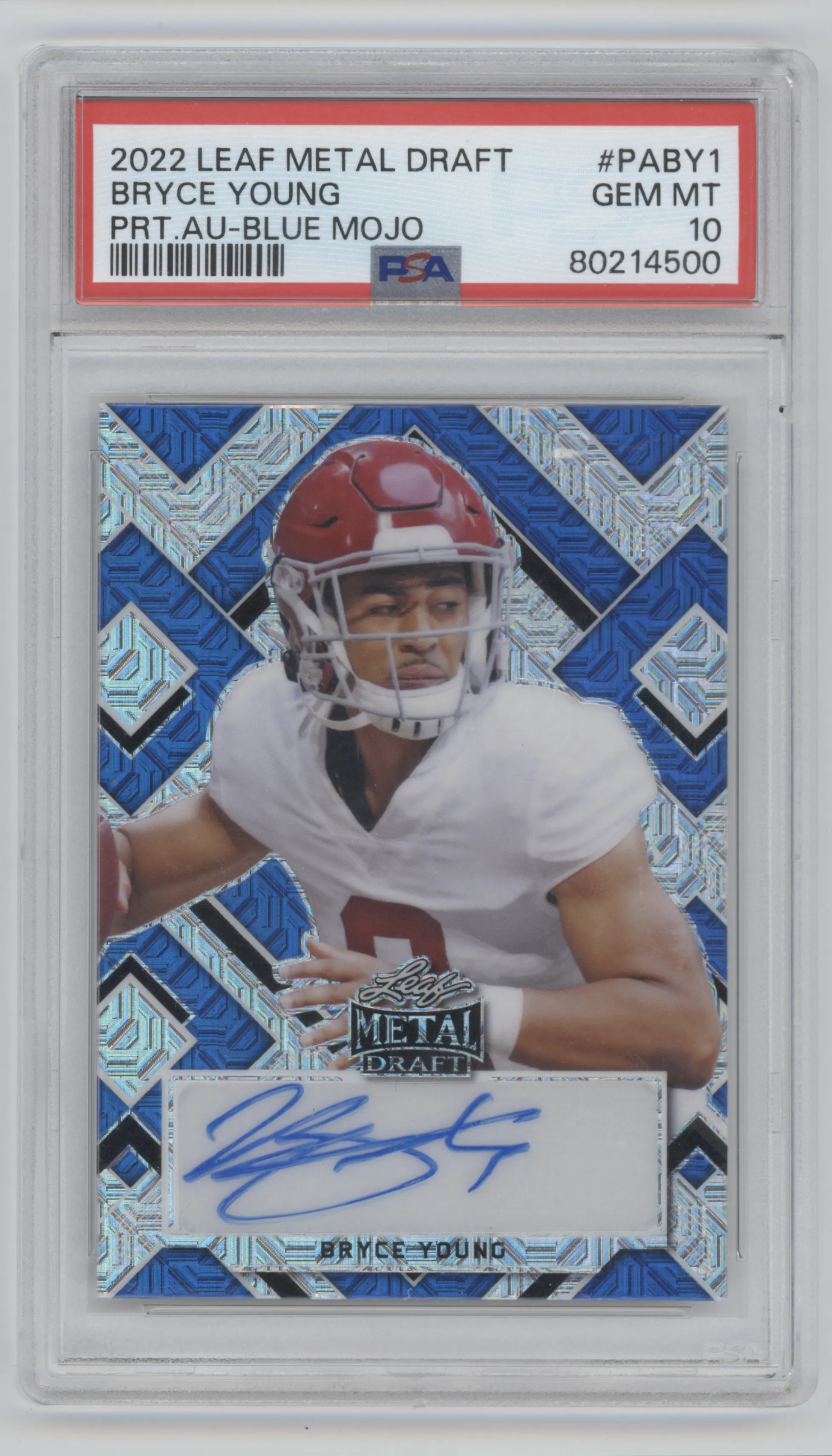 Bryce Young from the 2022 Leaf Metal Draft set featuring a Blue Mojo parallel graded by PSA and given an overall grade of 10.