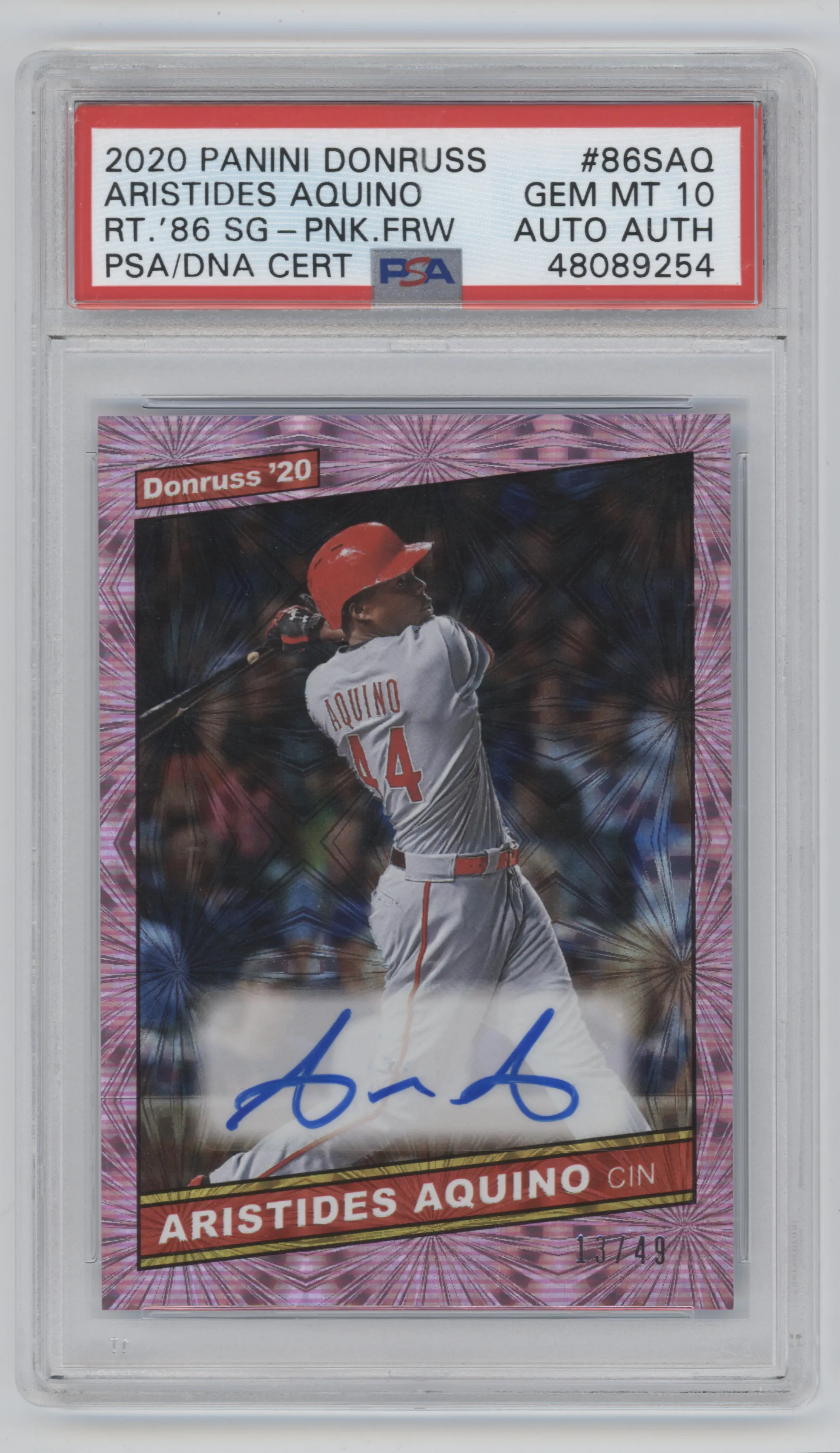 Aristides Aquino from the 2020 Panini Donruss set featuring a Pink Fireworks parallel graded by PSA and given an overall grade of 10.