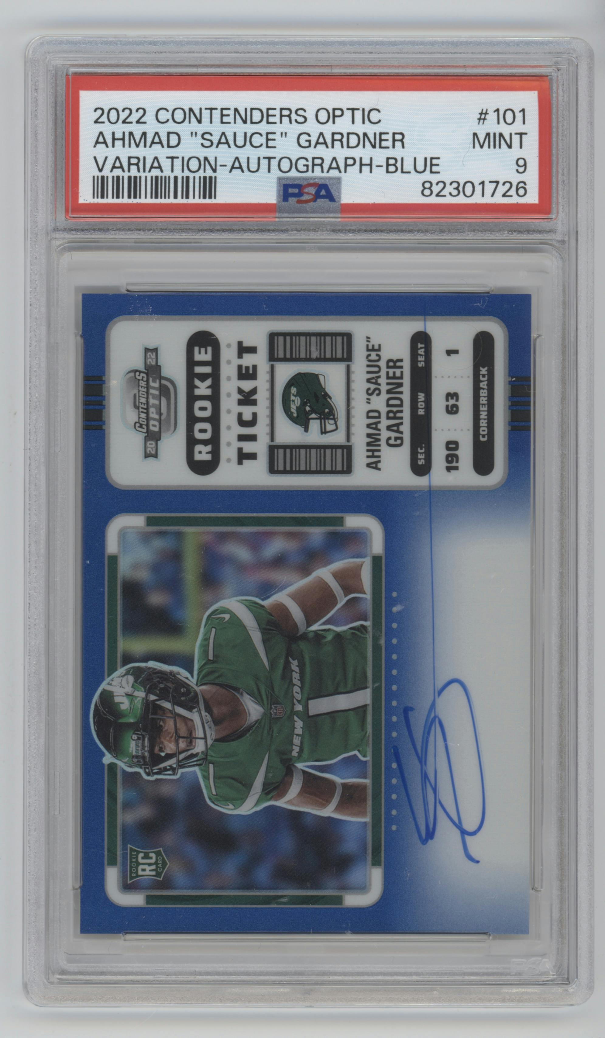 Ahmad "Sauce" Gardner from the 2022 Panini Contenders Optic set featuring a Blue parallel graded by PSA and given an overall grade of 9.