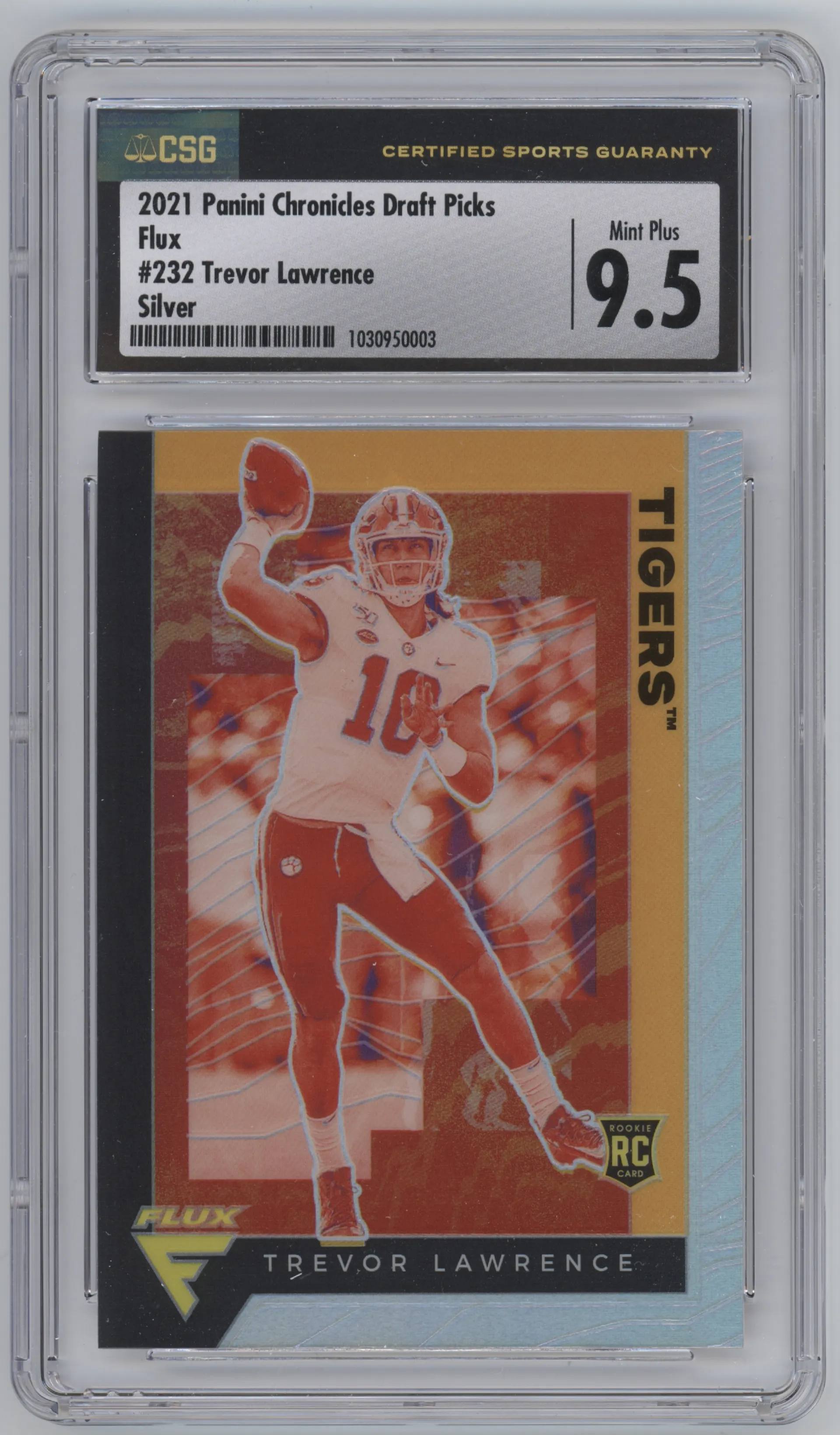 Trevor Lawrence from the 2021 Panini Chronicles Draft Picks set featuring a Silver parallel graded by CSG and given an overall grade of 9.5.