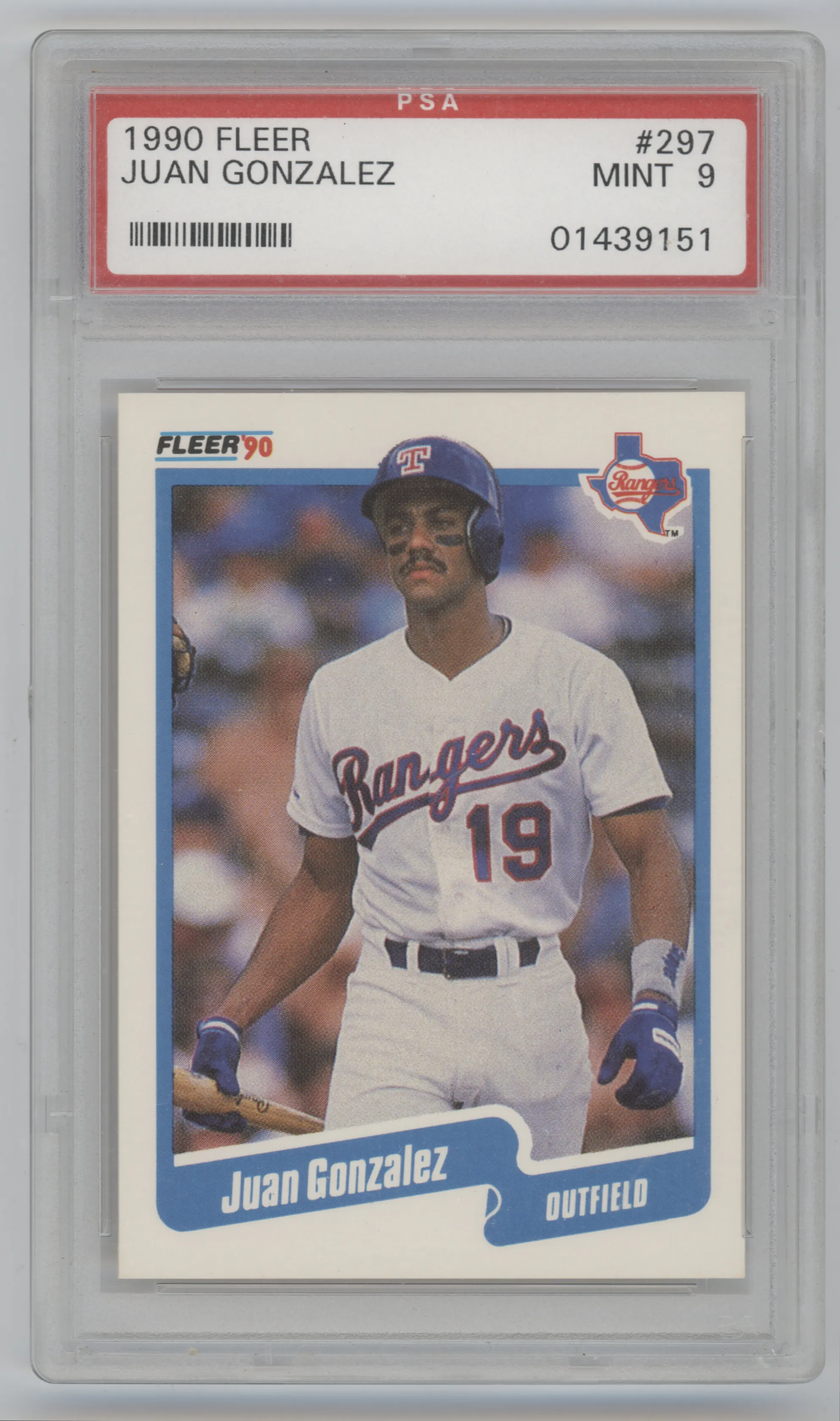 Juan Gonzalez from the 1990 Fleer  set graded by PSA and given an overall grade of 9.