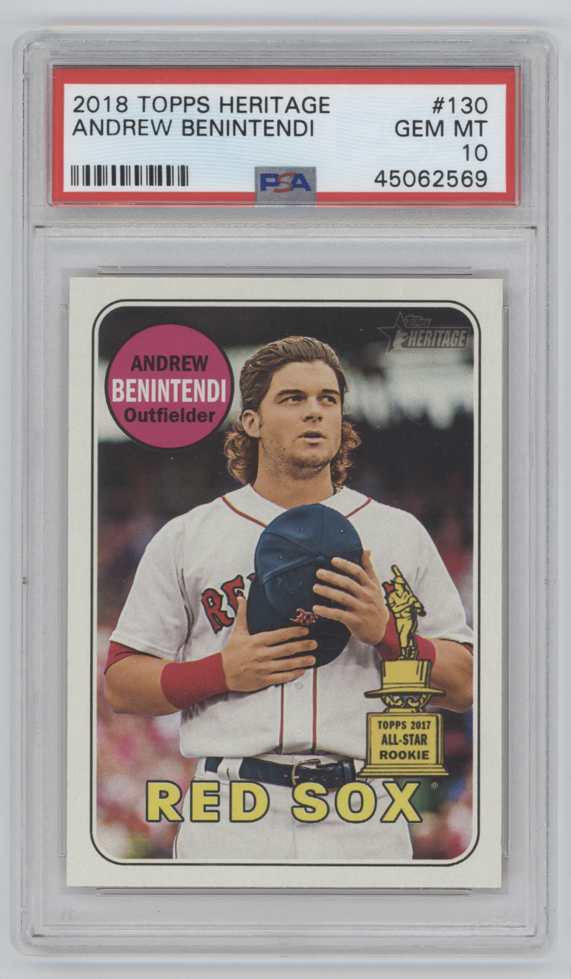 Andrew Benintendi from the 2018 Topps Heritage set graded by PSA and given an overall grade of 10.