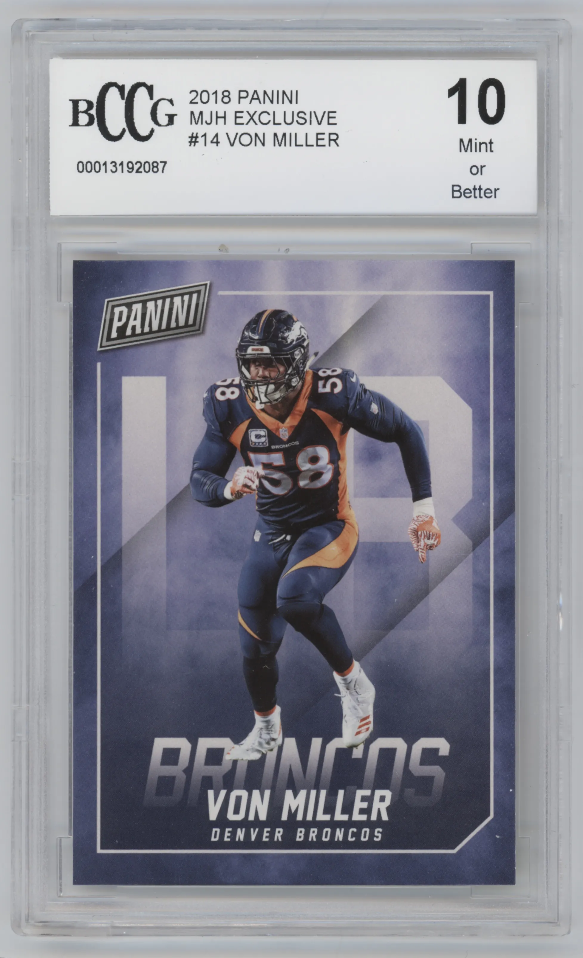 Von Miller from the 2018 Panini MJH Exclusive set graded by Beckett and given an overall grade of 10.