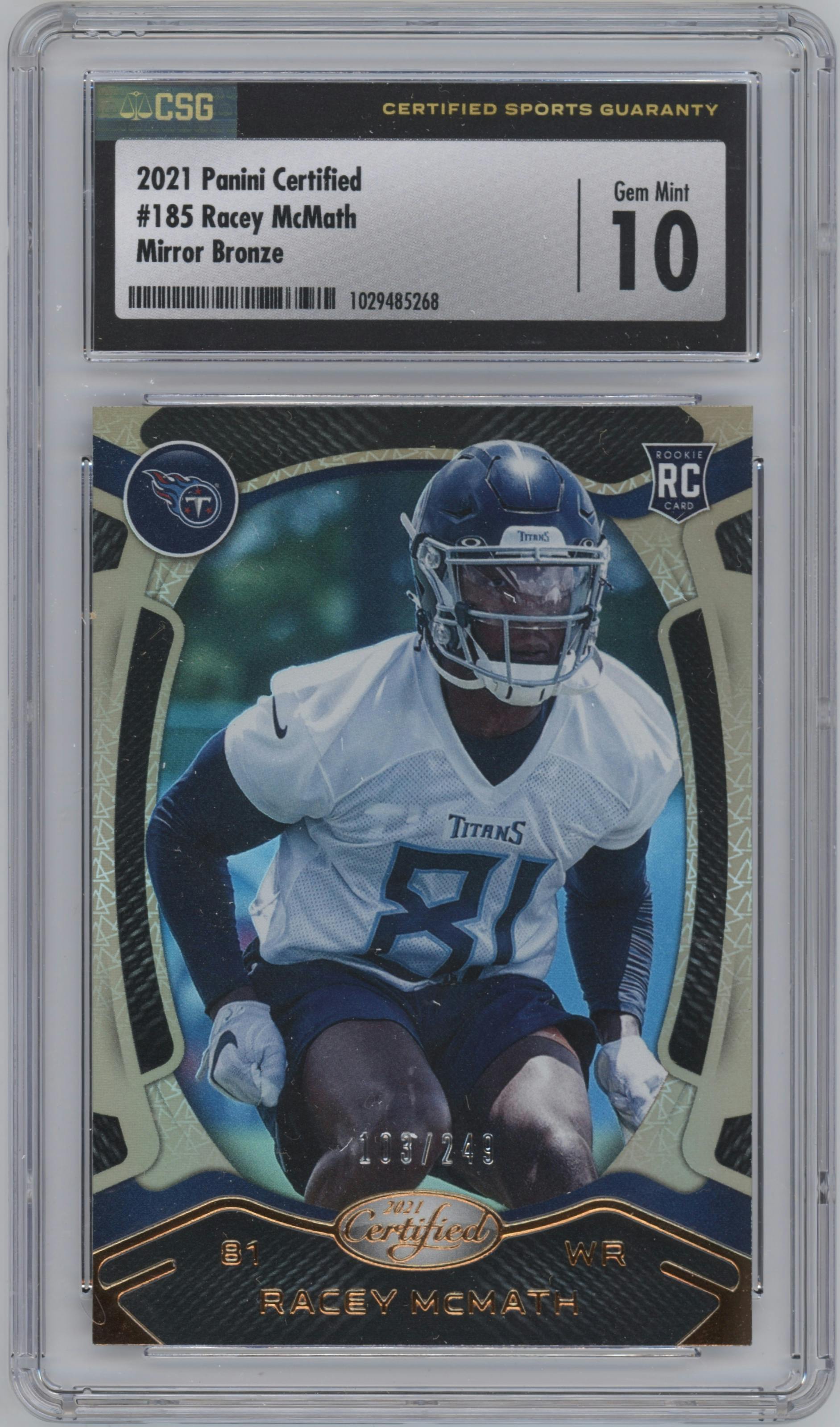 Racey McMath from the 2021 Panini Certified set featuring a Mirror Bronze parallel graded by CSG and given an overall grade of 10.