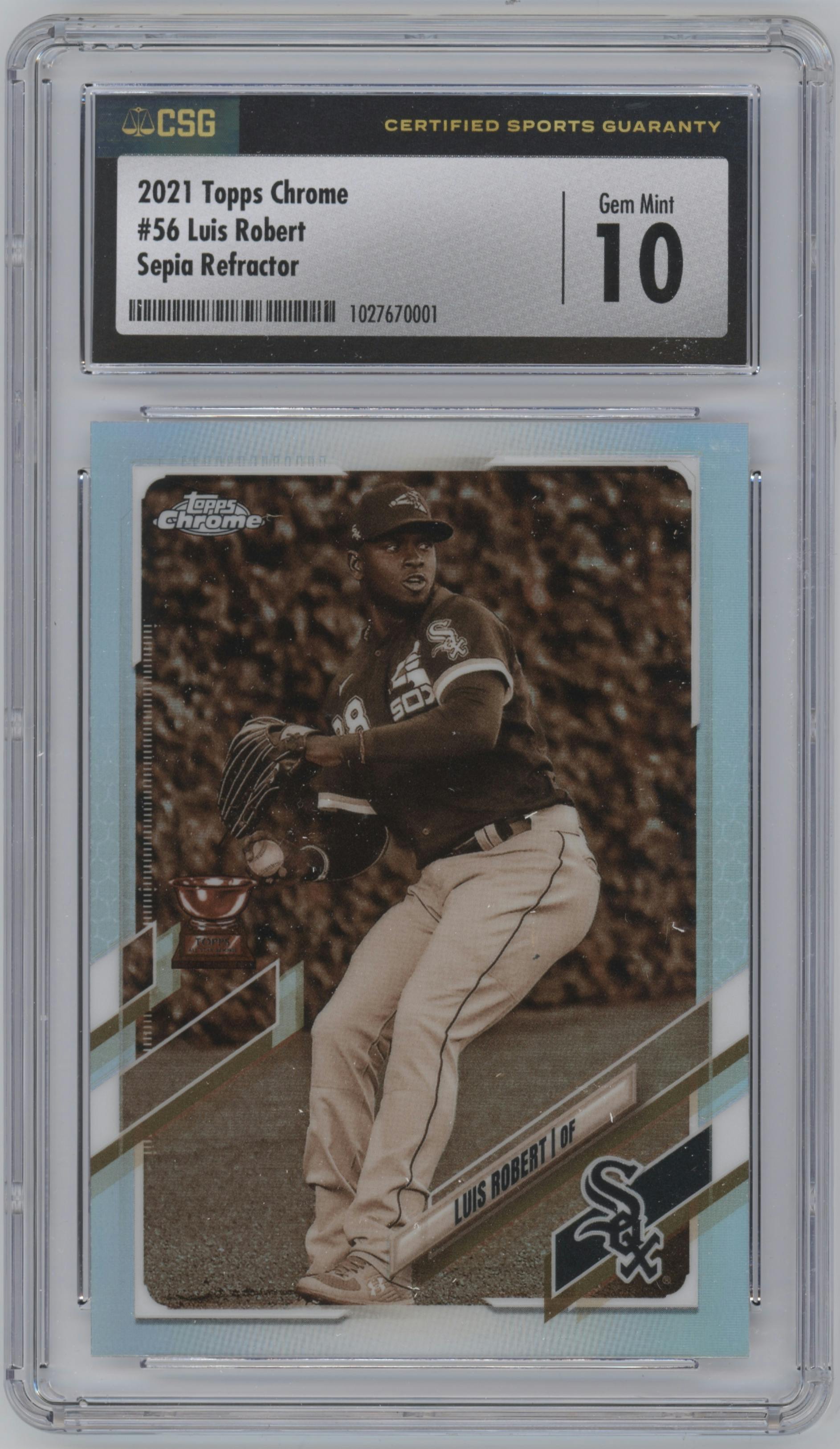 Luis Robert from the 2021 Topps Chrome set featuring a Sepia Refractor parallel graded by CSG and given an overall grade of 10.