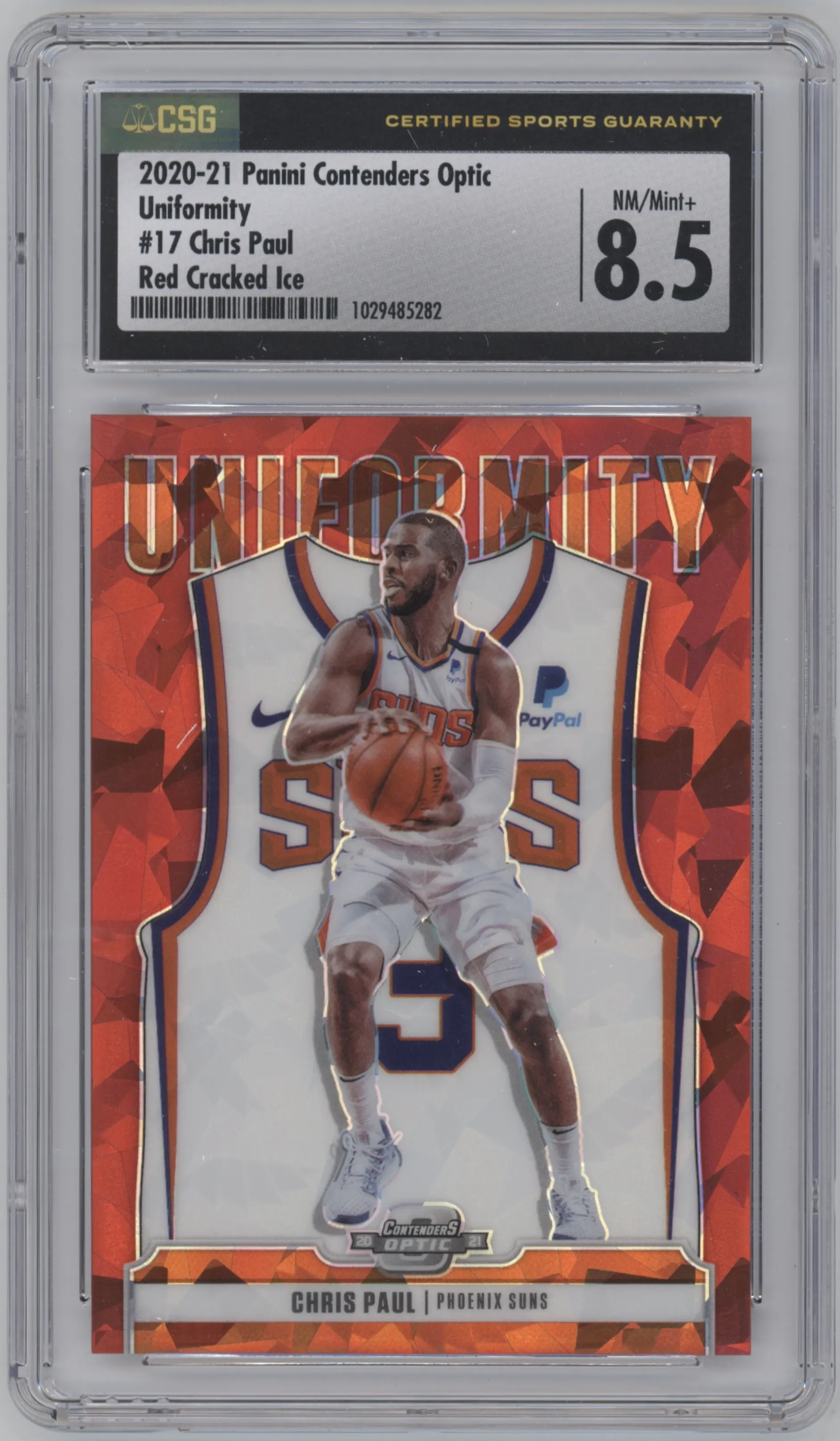 Chris Paul from the 2020-21 Panini Contenders Optic set featuring a Red Cracked Ice parallel graded by CSG and given an overall grade of 8.5.