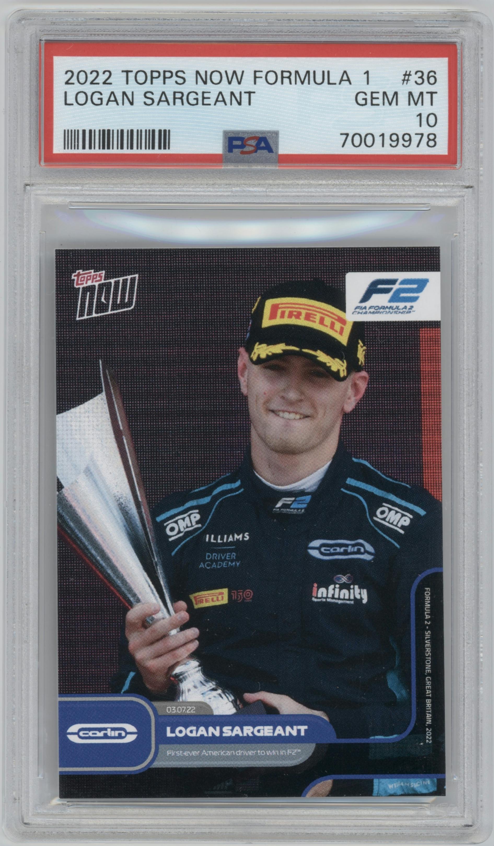  Logan Sergeant from the 2022 Topps Now Formula 1  set graded by PSA and given an overall grade of 10.