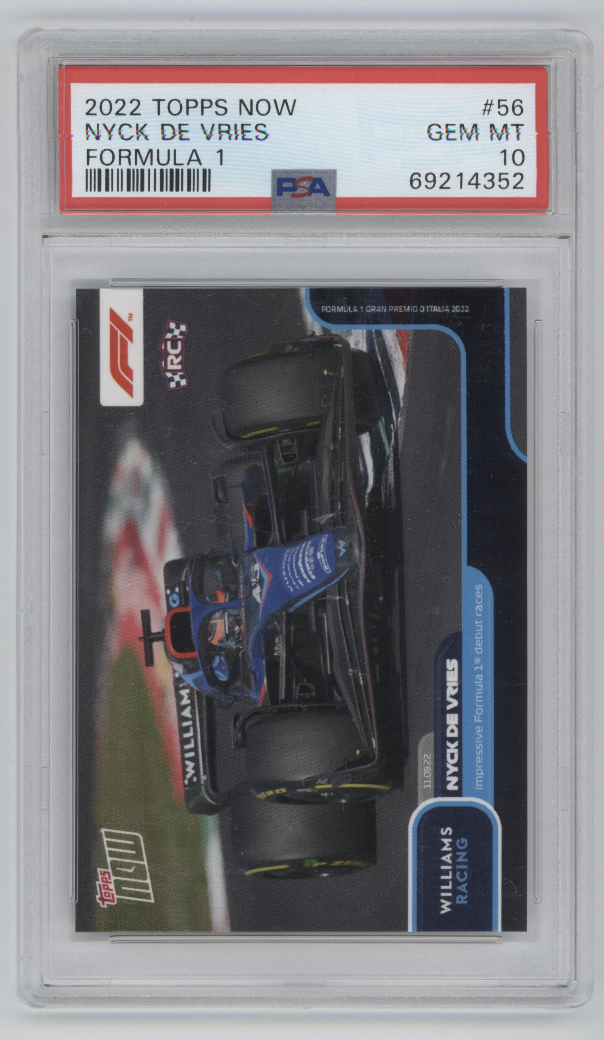 Nyck de Vries from the 2022 Topps Now Formula 1  set graded by PSA and given an overall grade of 10.