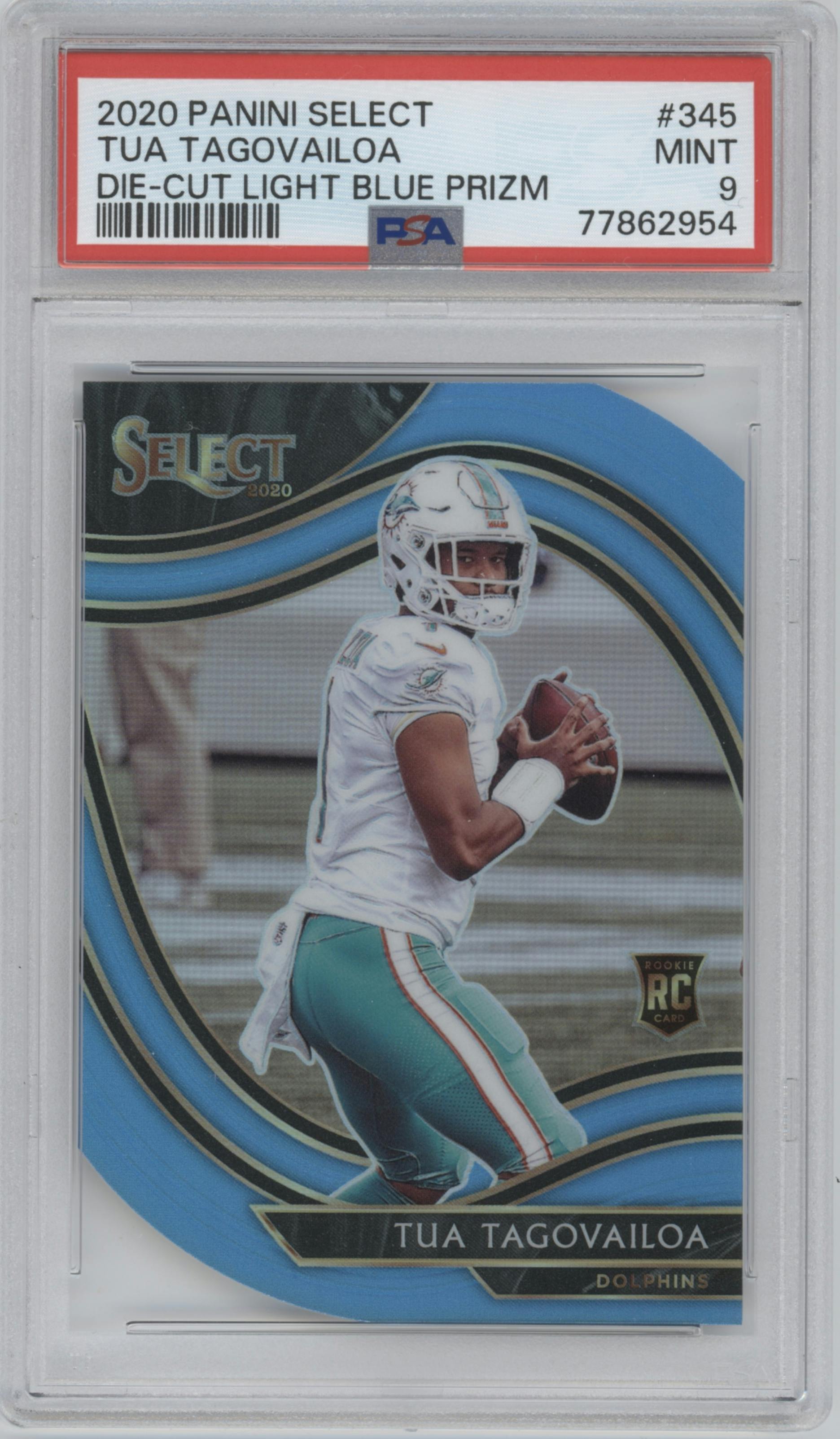 Tua Tagovailoa from the 2020 Panini Select set featuring a Die-Cut Light Blue parallel graded by PSA and given an overall grade of 9.