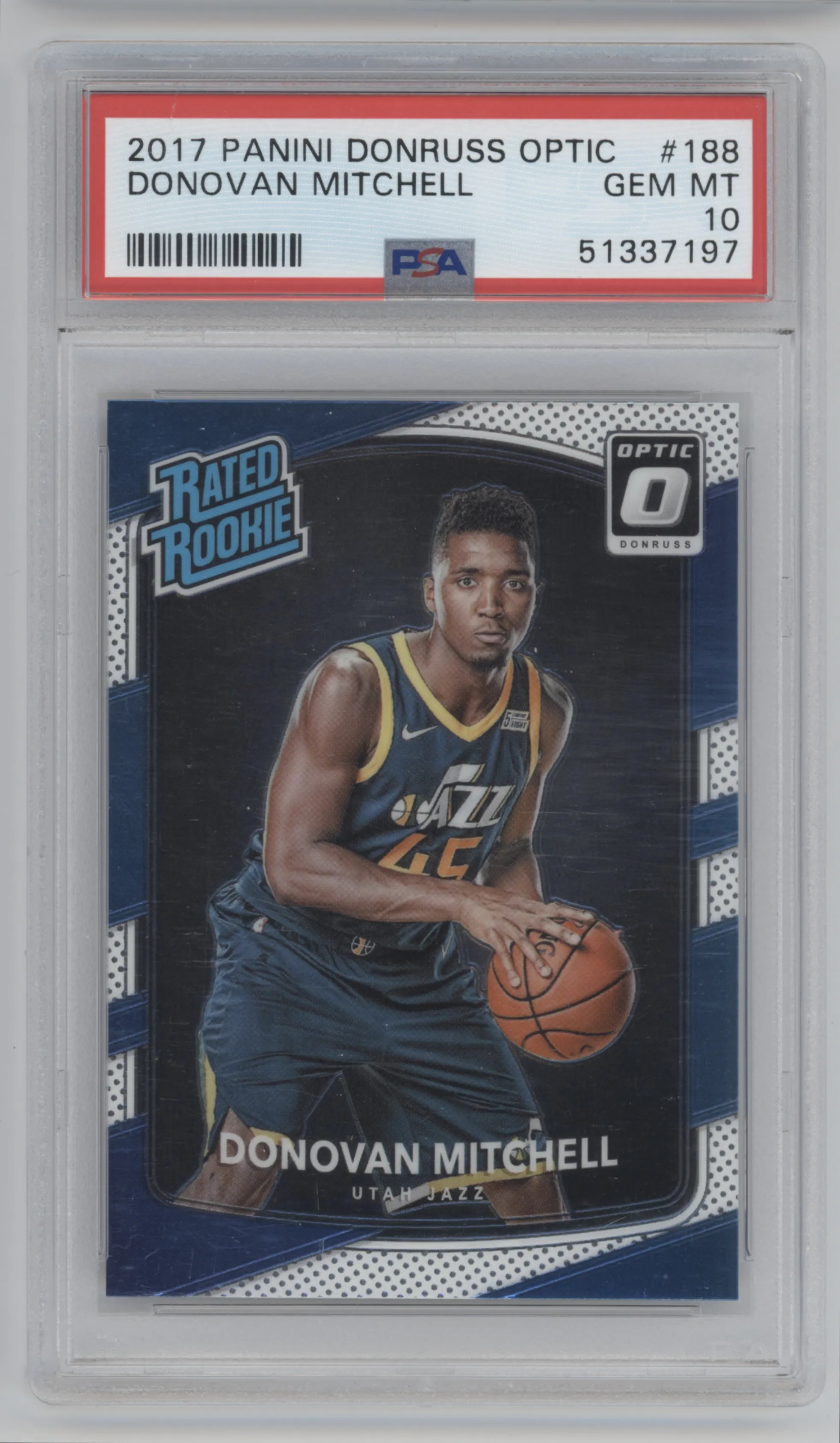 Donovan Mitchell from the 2017-18 Panini Donruss Optic set graded by PSA and given an overall grade of 10.