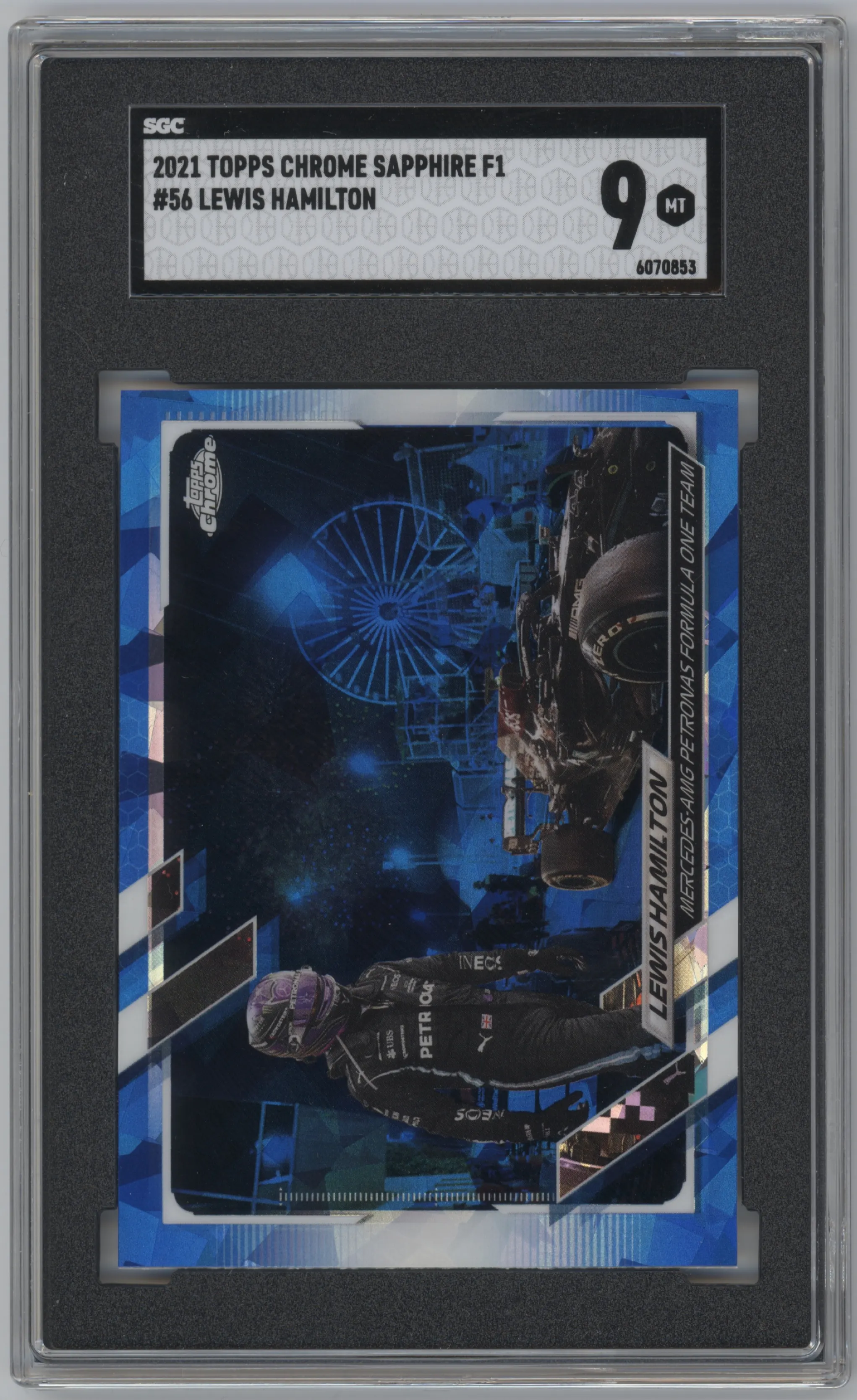 Lewis Hamilton from the 2021 Topps Chrome F1 Sapphire set graded by SGC and given an overall grade of 9.