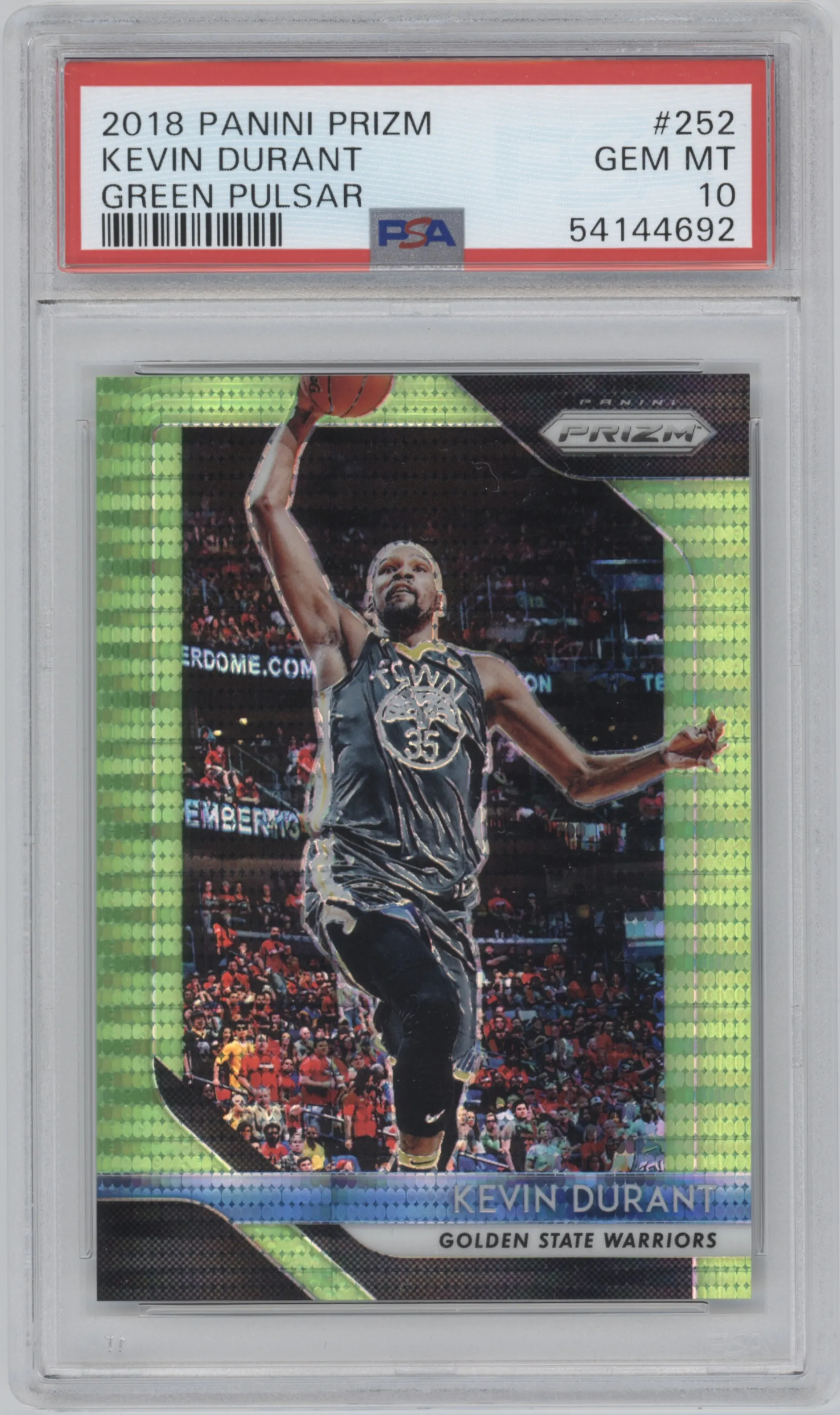 Kevin Durant from the 2018-19 Panini Prizm set featuring a Green Pulsar Prizm parallel graded by PSA and given an overall grade of 10.