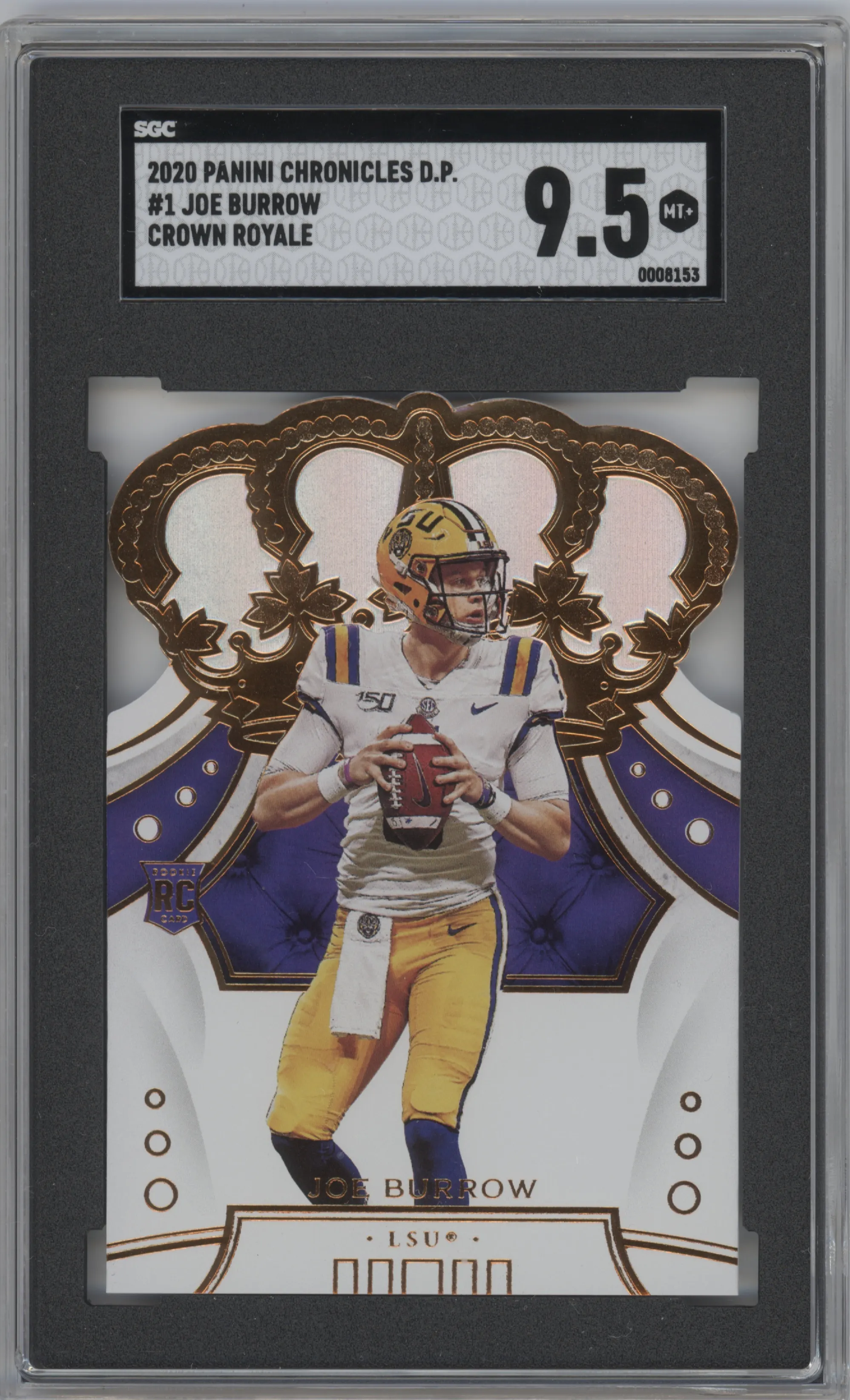Joe Burrow from the 2020 Panini Chronicles Draft Picks  set graded by SGC and given an overall grade of 9.5.