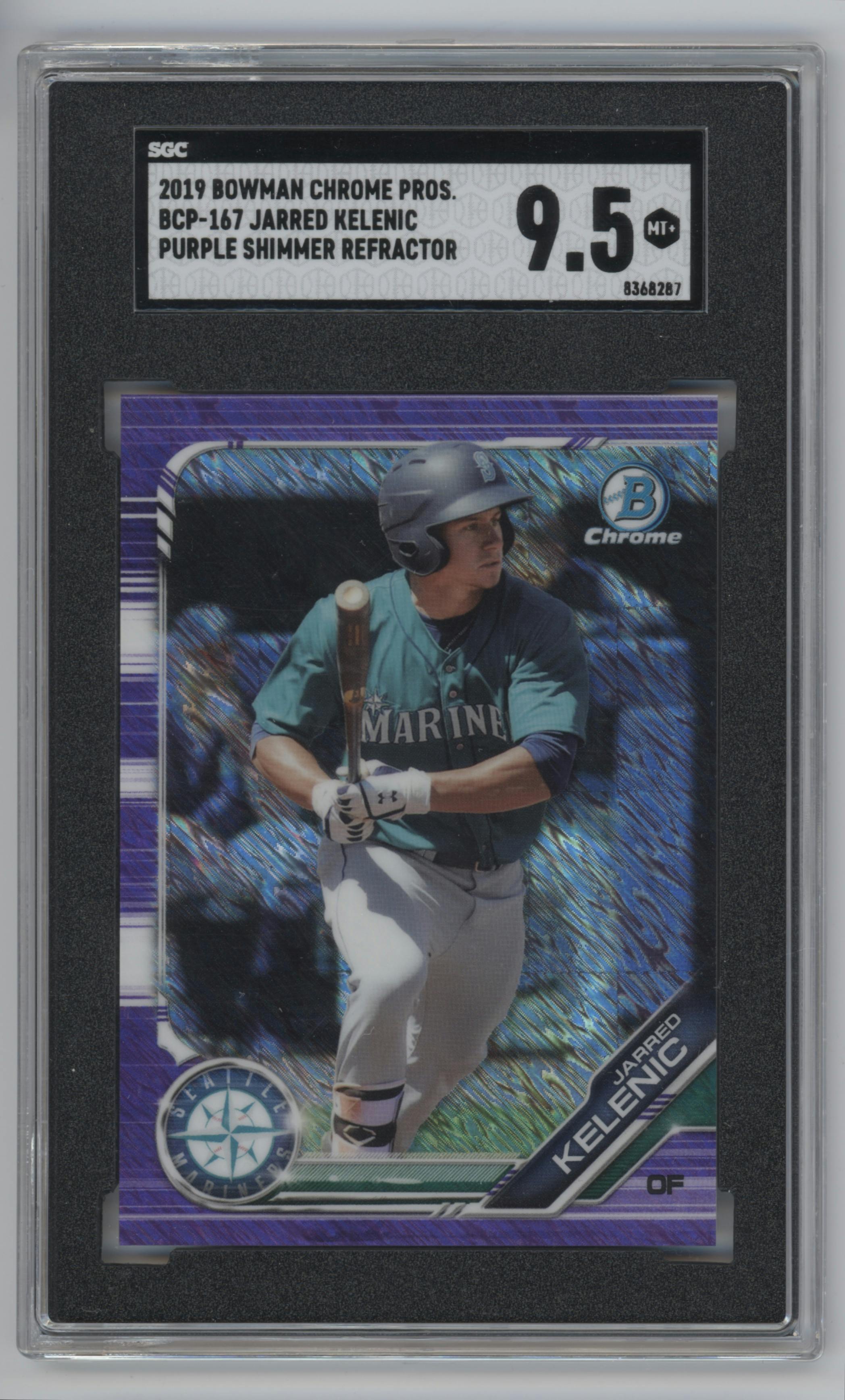 Jarred Kelenic from the 2019 Bowman Chrome set featuring a Purple Shimmer Refractor parallel graded by SGC and given an overall grade of 9.5.