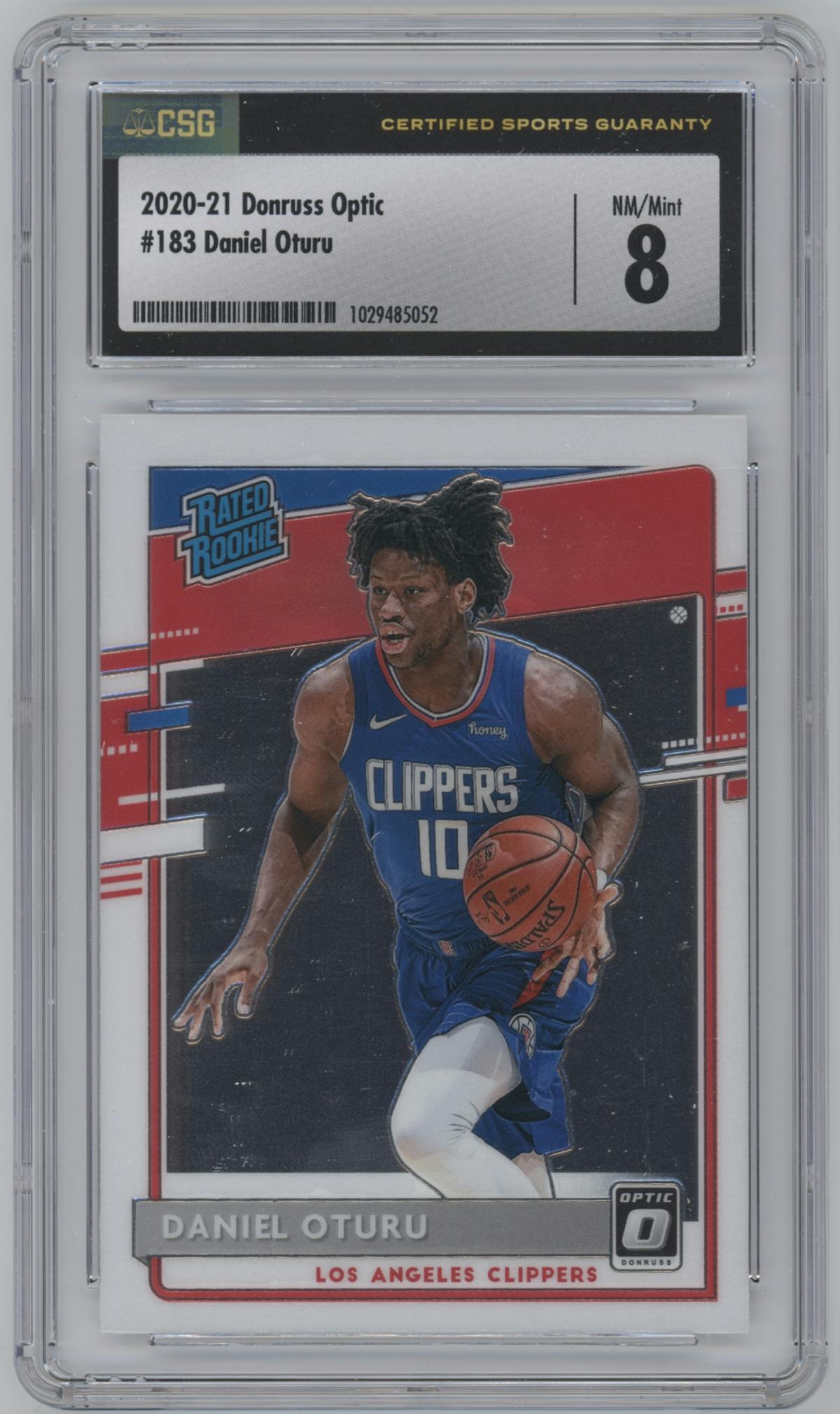 Daniel Oturu from the 2020-21 Panini Donruss Optic set graded by CSG and given an overall grade of 8.