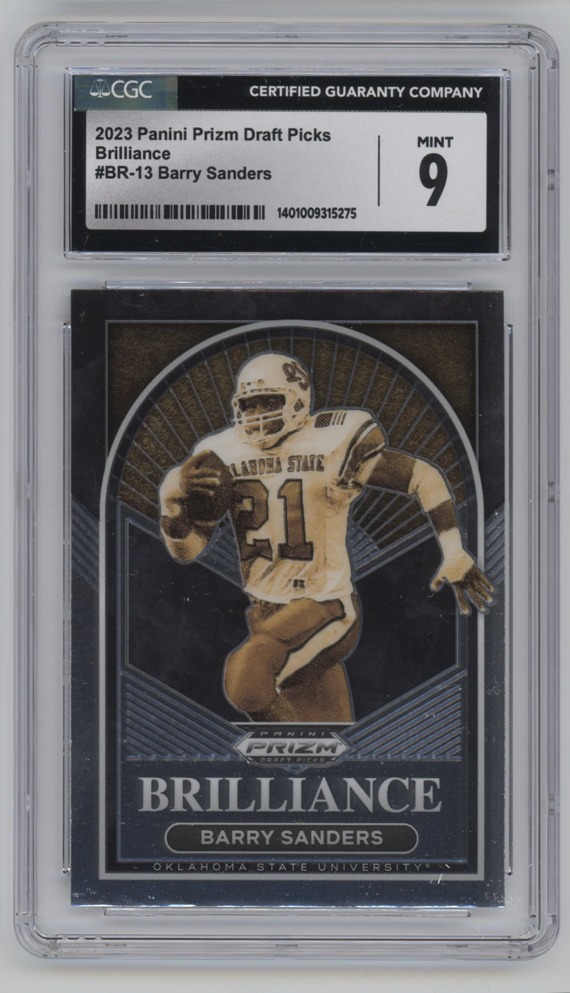 Barry Sanders  from the 2023 Panini Prizm Draft Picks set graded by CSG and given an overall grade of 9.