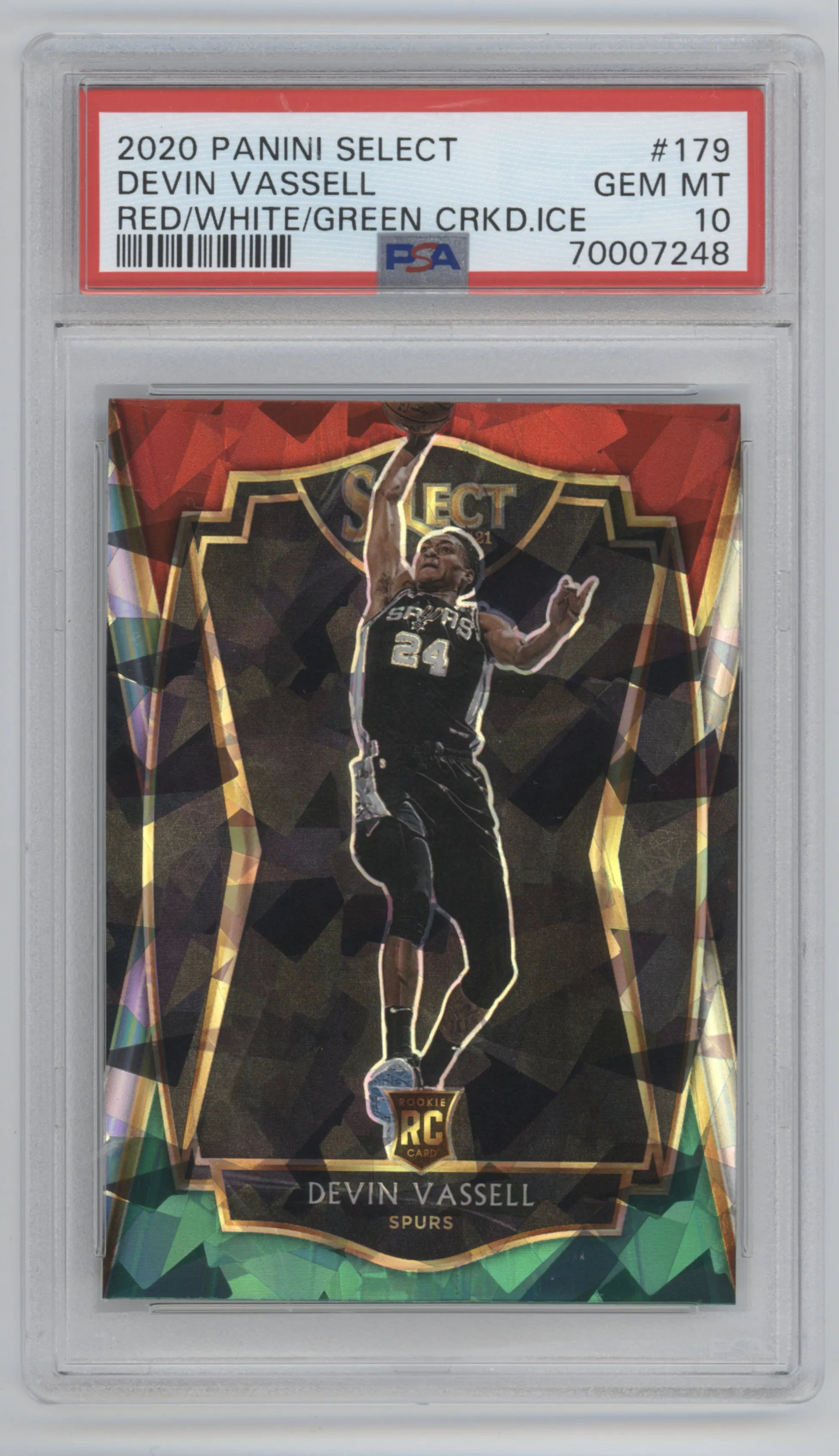 Devin Vassell from the 2020-21 Panini Select  set featuring a Red/White/Green Cracked Ice parallel graded by PSA and given an overall grade of 10.