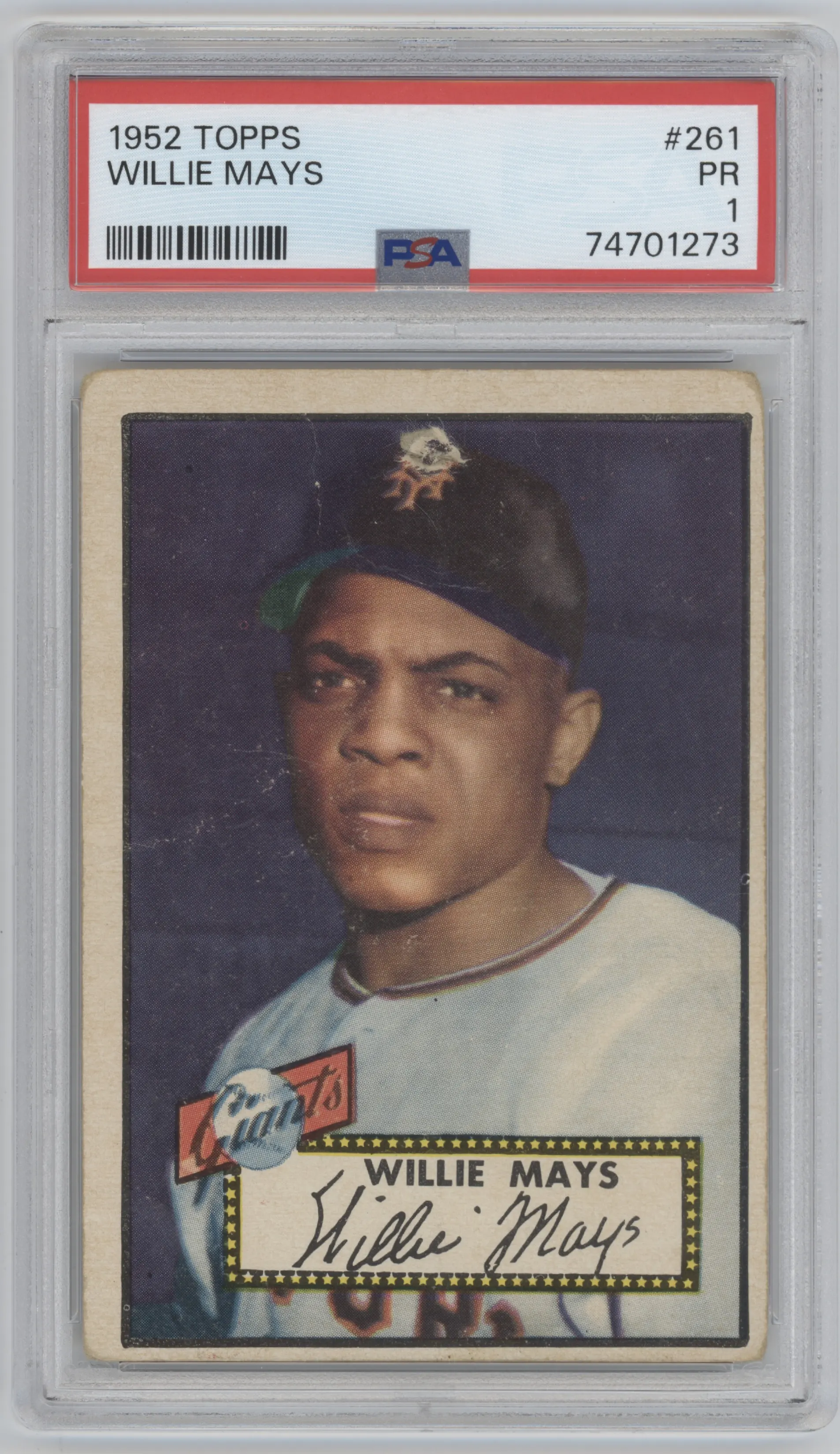 Willie Mays from the 1952 Topps set graded by PSA and given an overall grade of 1.