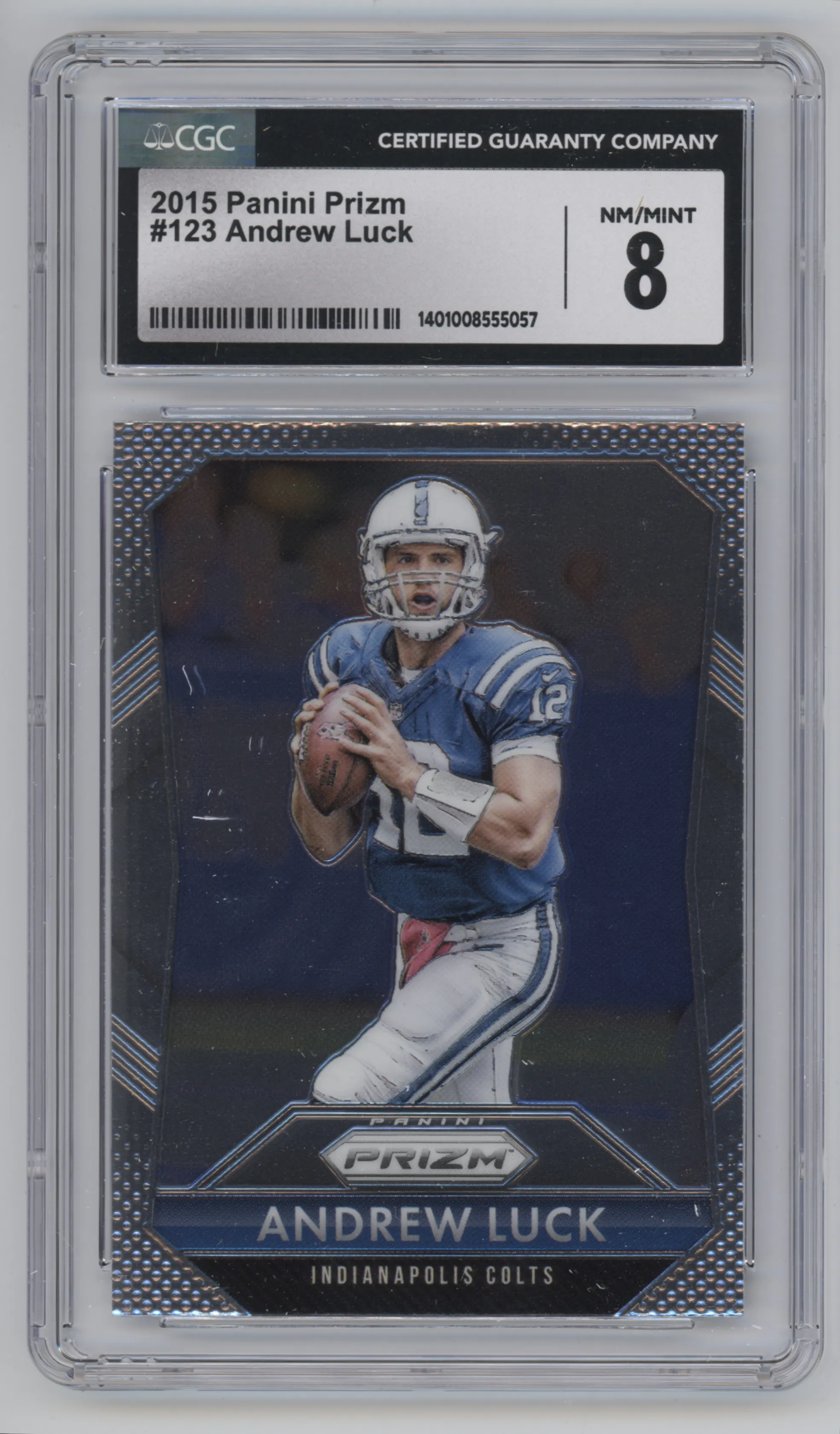 Andrew Luck from the 2015 Panini Prizm set graded by CSG and given an overall grade of 8.
